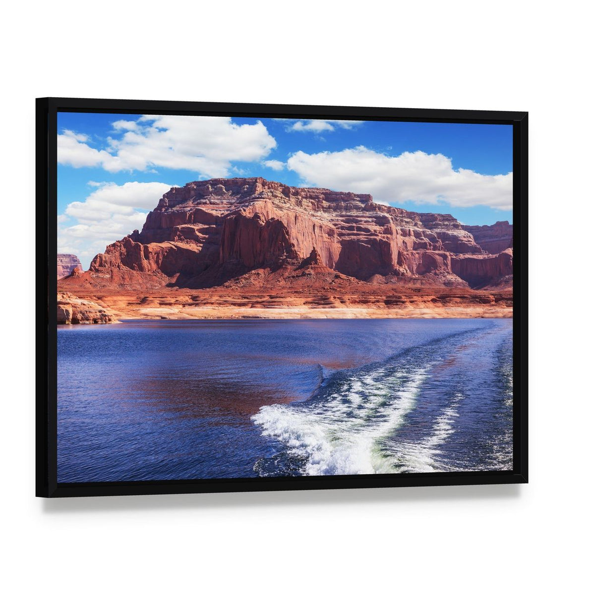 Lake Powell with Boat Wake Canvas Wall Art, framed canvas in a black floater frame, angled product view