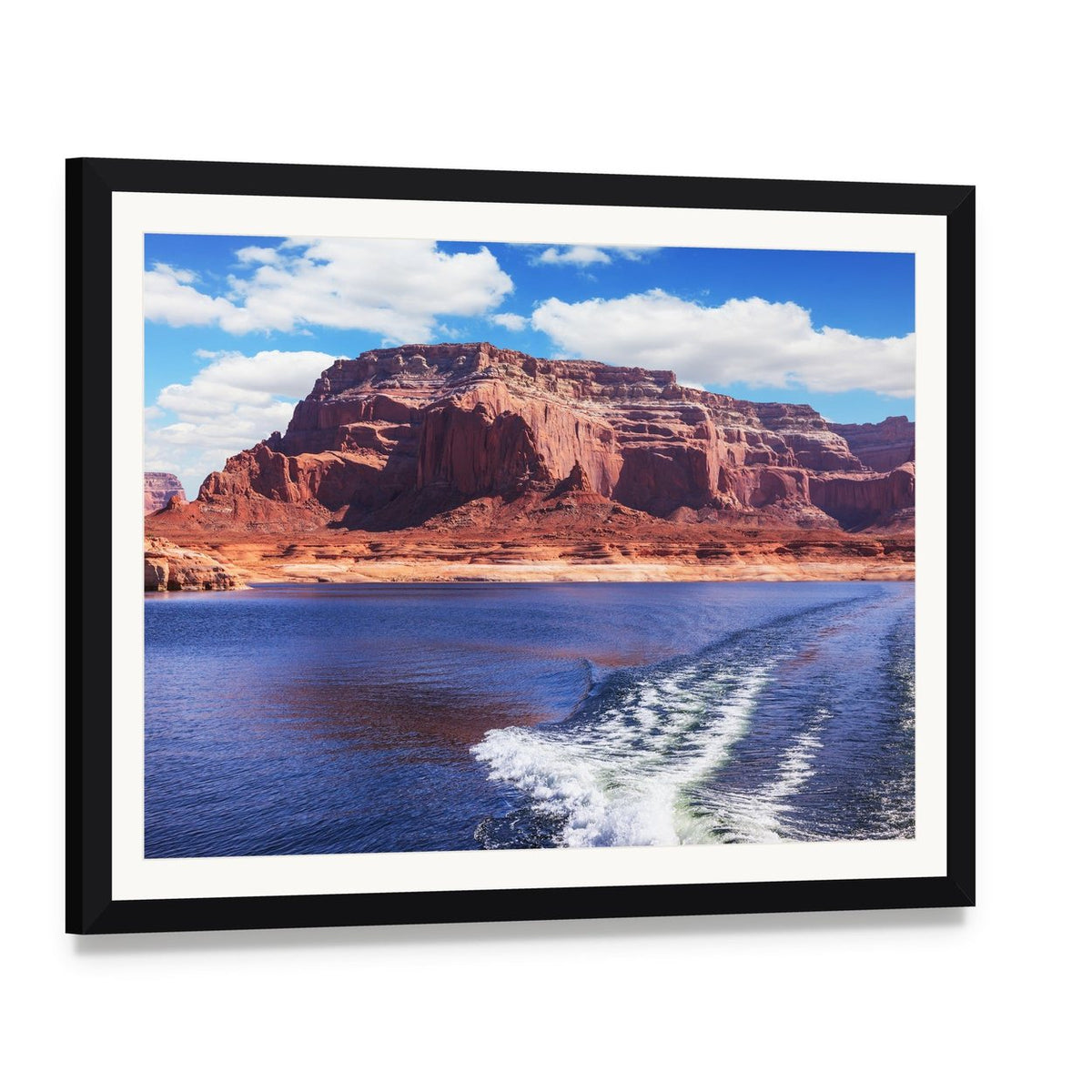 Lake Powell with Boat Wake Canvas Wall Art, framed print with white mat and black frame, angled product view