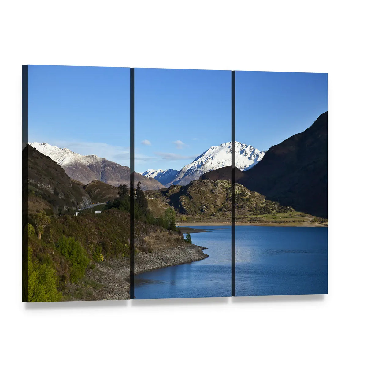 Mountain Above Lake Canvas Wall Art, 3 panel 3 Horizontal layout gallery wrapped canvas set, angled product view
