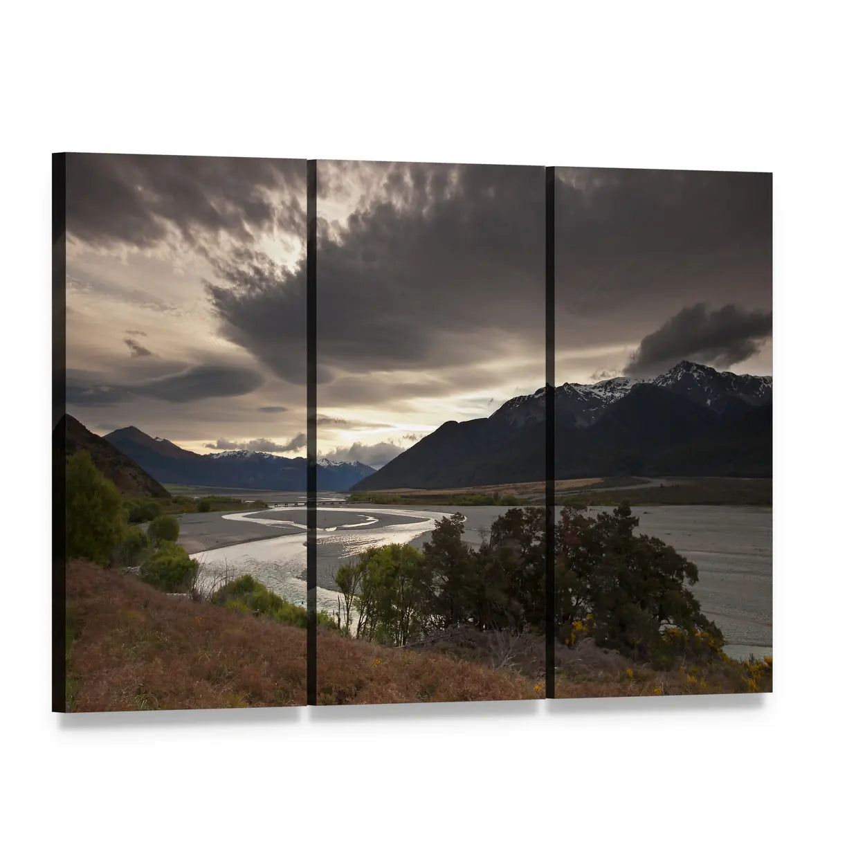 Dramatic Clouds Over Mountain Lake Canvas Wall Art, 3 panel 3 Horizontal layout gallery wrapped canvas set, angled product view