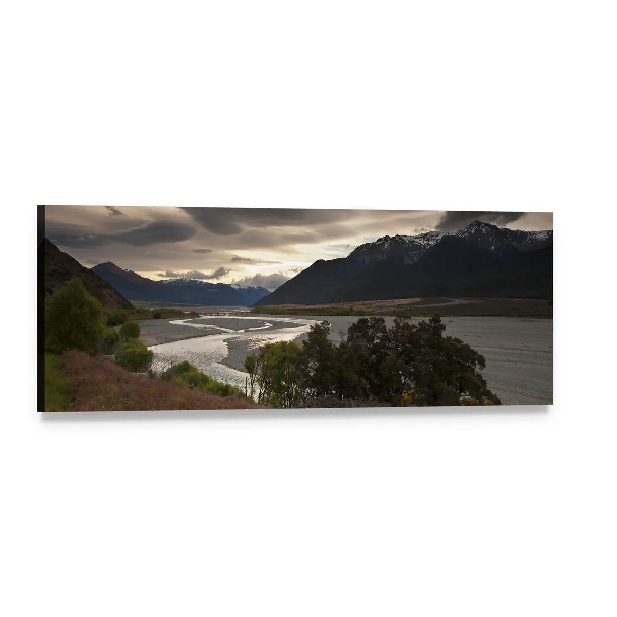 Dusk Clouds Over Mountain Lake Panoramic Canvas Wall Art, single panel gallery wrapped canvas, angled product view