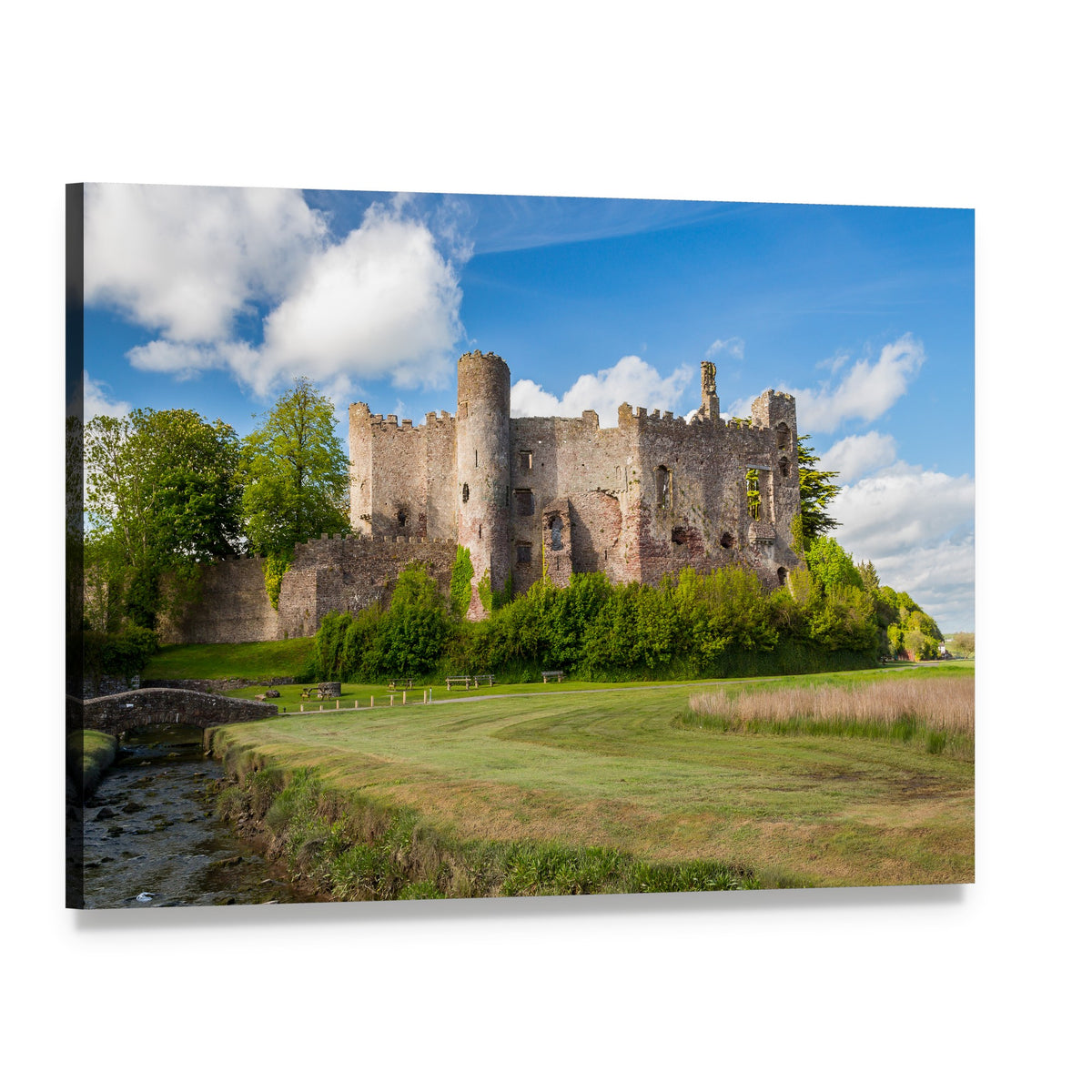 Laugharne Castle Ruins Over River Canvas Wall Art, single panel gallery wrapped canvas, angled product view