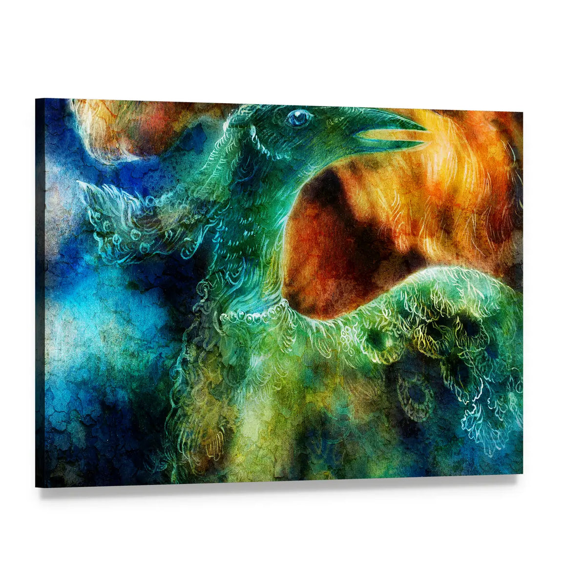 Teal and Orange Phoenix Collage Canvas Wall Art, single panel gallery wrapped canvas, angled product view