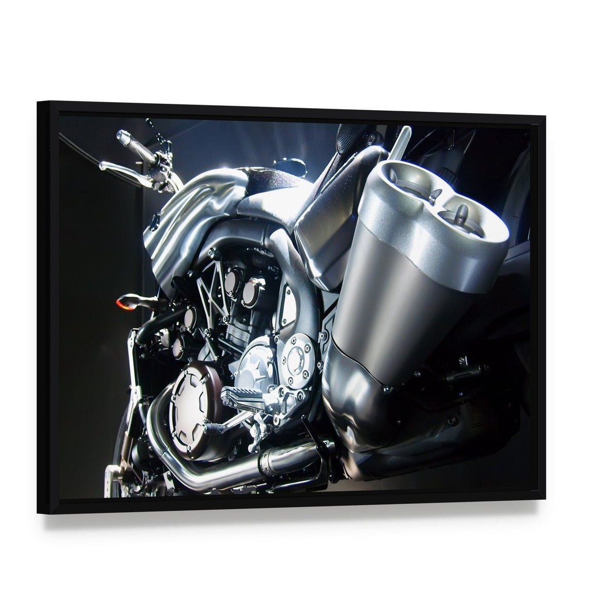 Motorbike Big Exhaust Pipe Canvas Wall Art, framed canvas in a black floater frame, angled product view