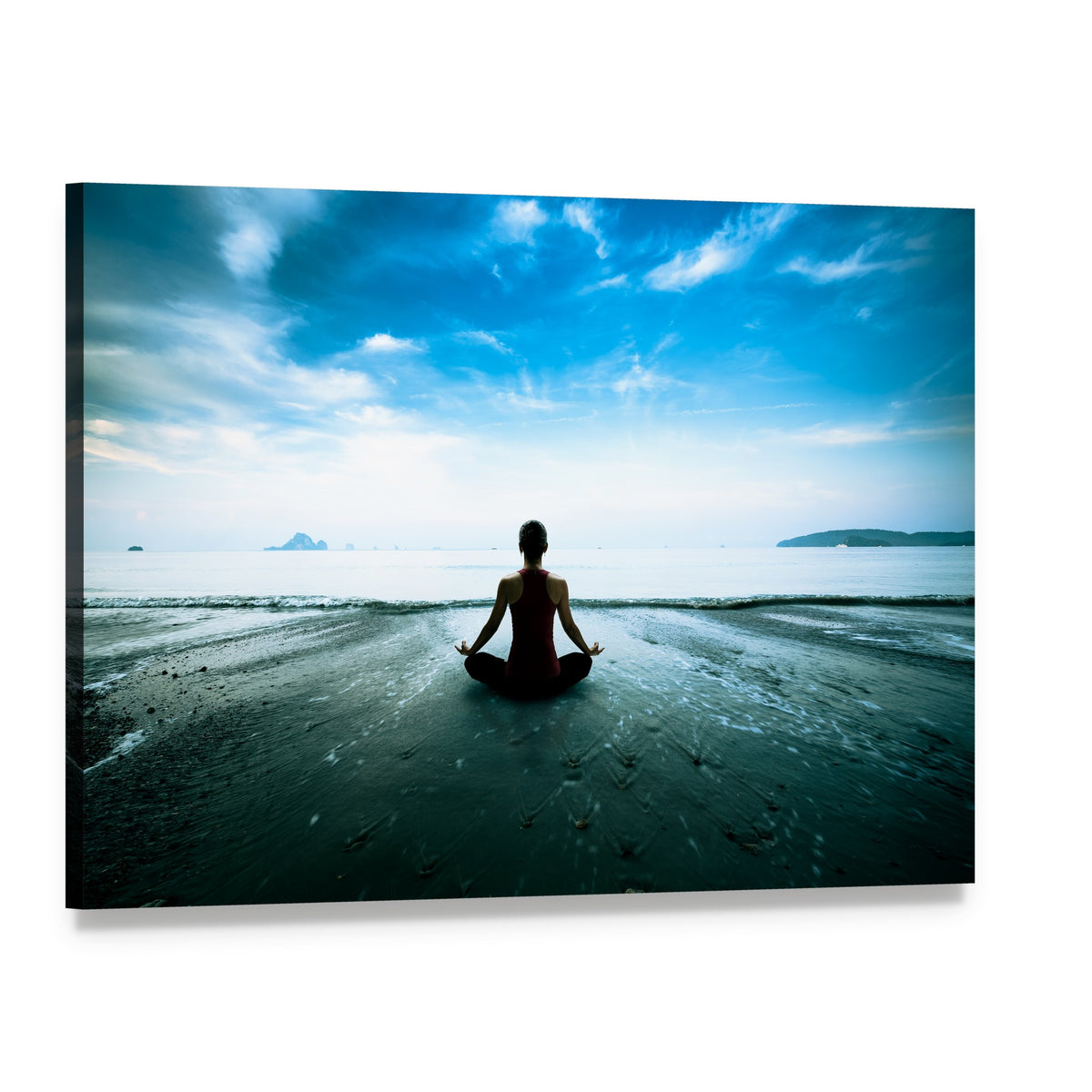 Silhouette Yoga on the Beach Canvas Wall Art, single panel gallery wrapped canvas, angled product view