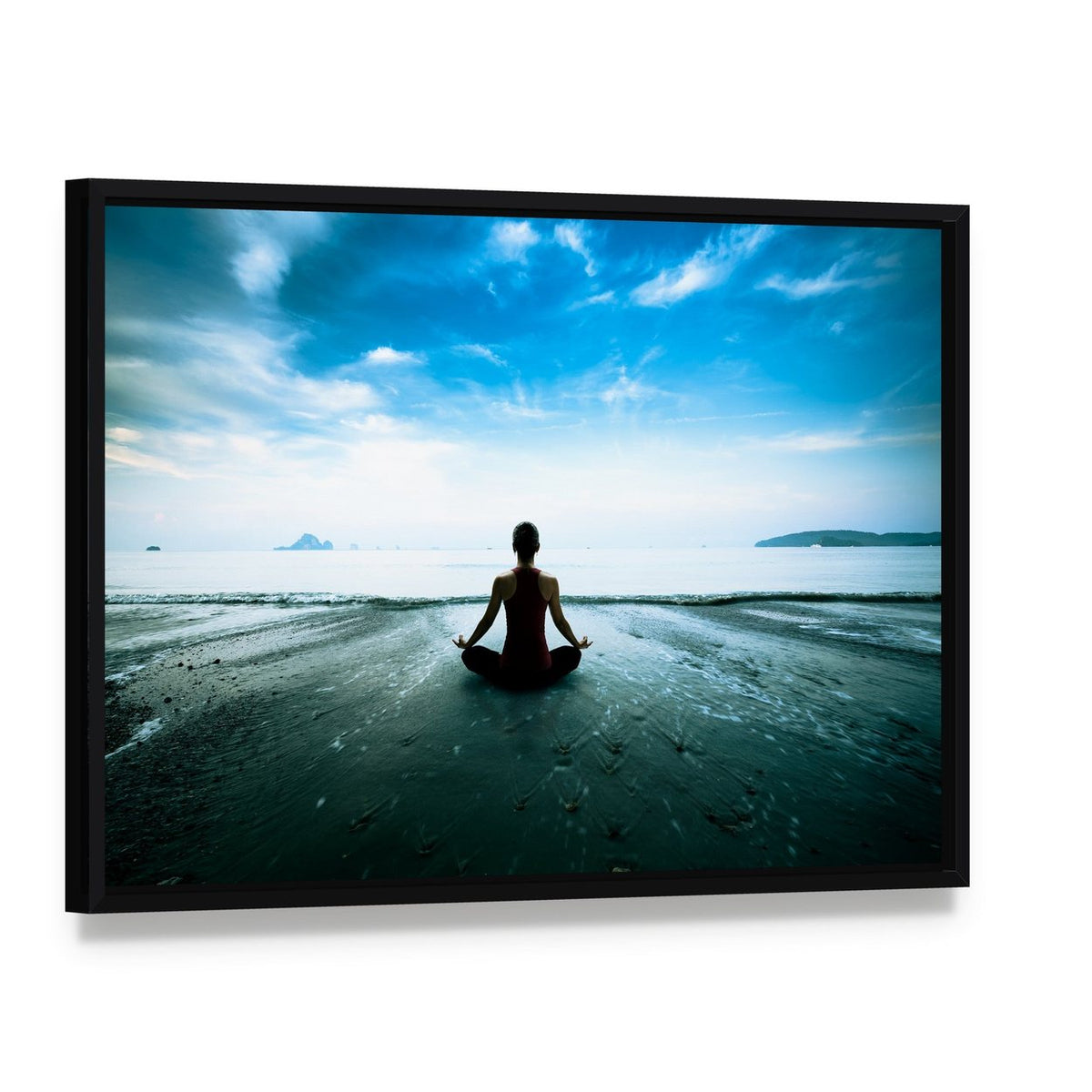 Silhouette Yoga on the Beach Canvas Wall Art, framed canvas in a black floater frame, angled product view