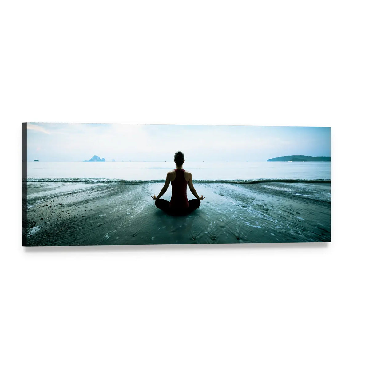Woman Meditating on Beach Panoramic Canvas Wall Art, single panel gallery wrapped canvas, angled product view