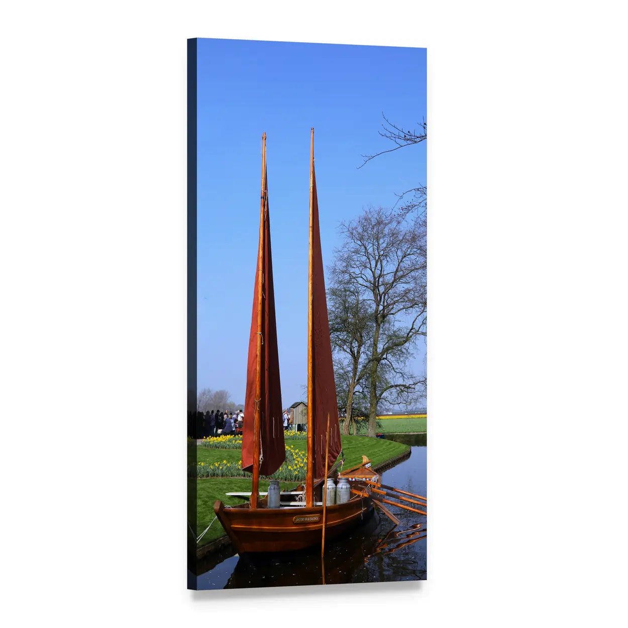 Traditional Wooden Sailboat by Flowered Canal Vertical Canvas Wall Art, 1 panel 1 Vertical layout gallery wrapped canvas set, angled product view