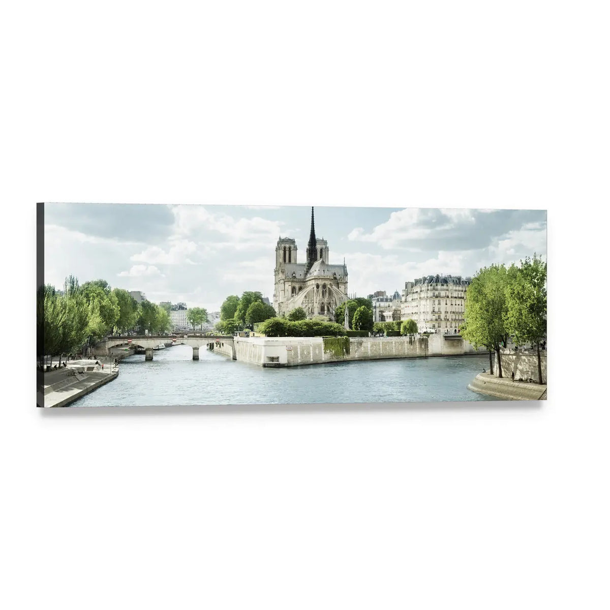 Notre Dame and the Seine, Paris Panoramic Canvas Wall Art, single panel gallery wrapped canvas, angled product view
