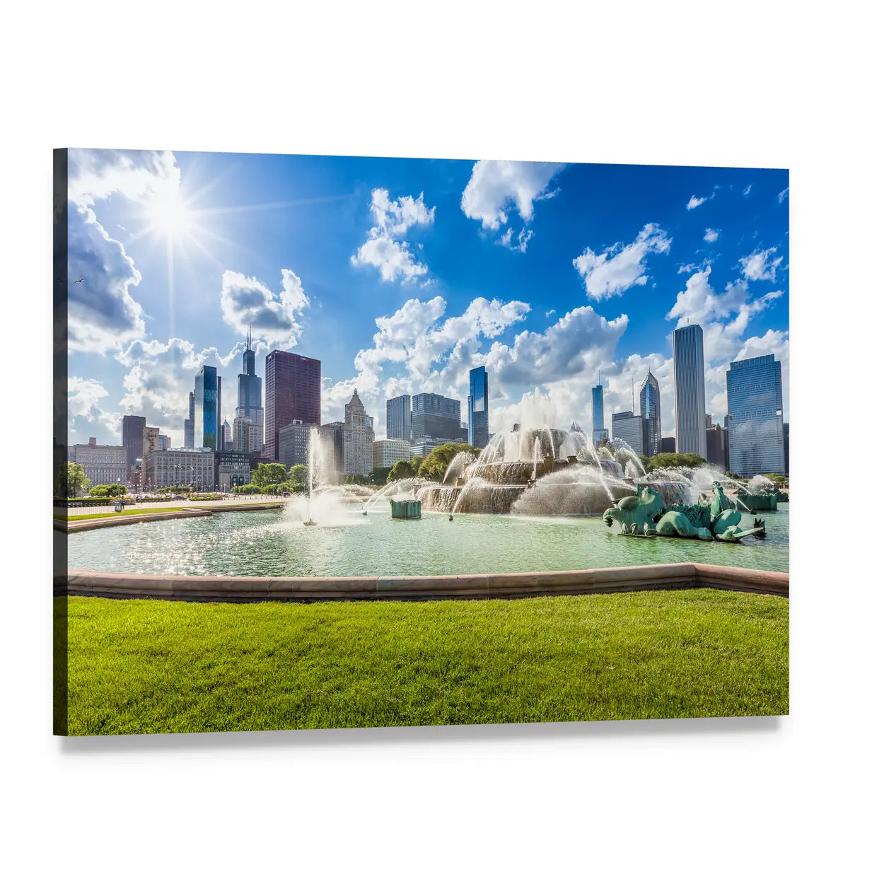 Buckingham Fountain with Chicago Skyline Canvas Wall Art, single panel gallery wrapped canvas, angled product view