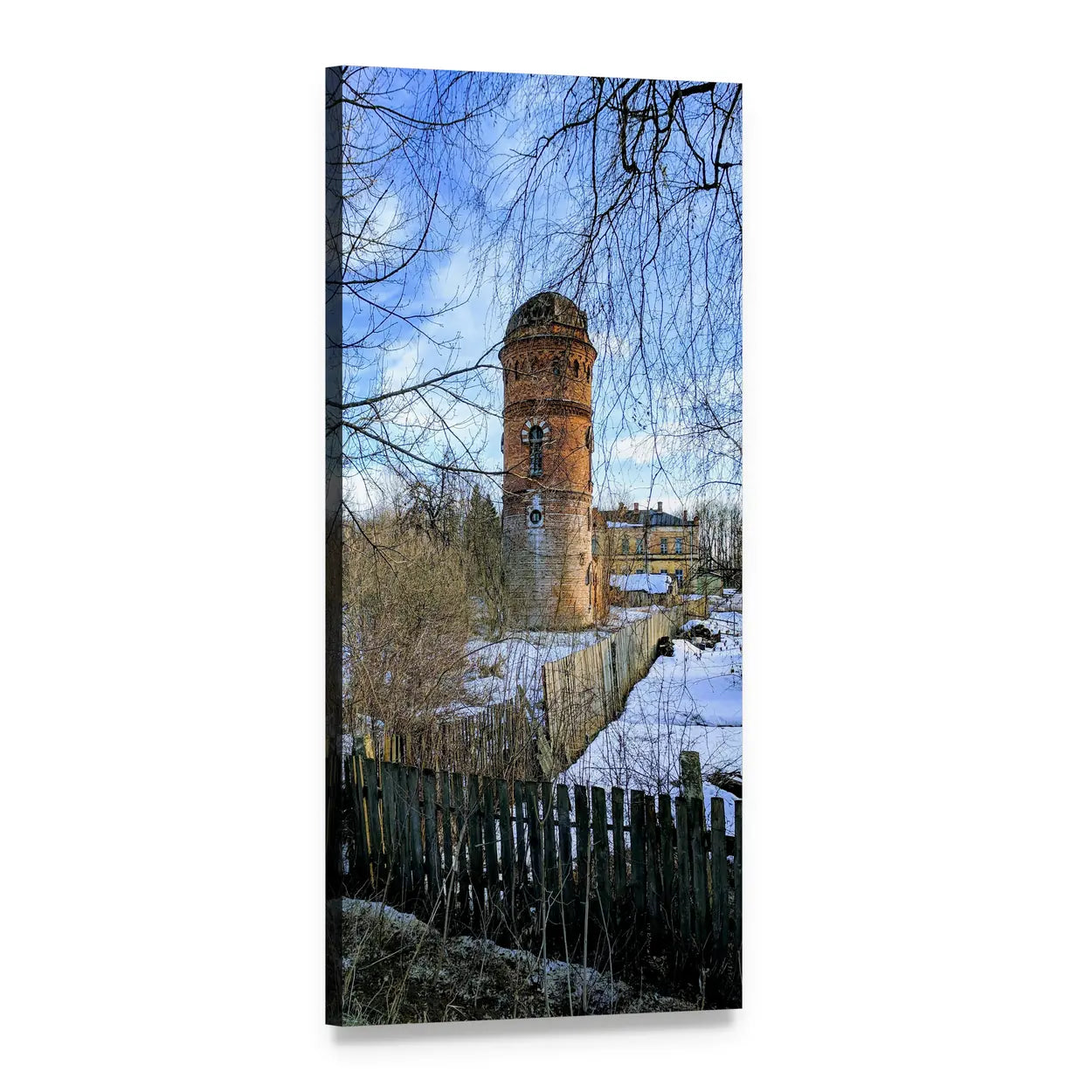 Snowy Red Brick Water Tower Vertical Canvas Wall Art, 1 panel 1 Vertical layout gallery wrapped canvas set, angled product view