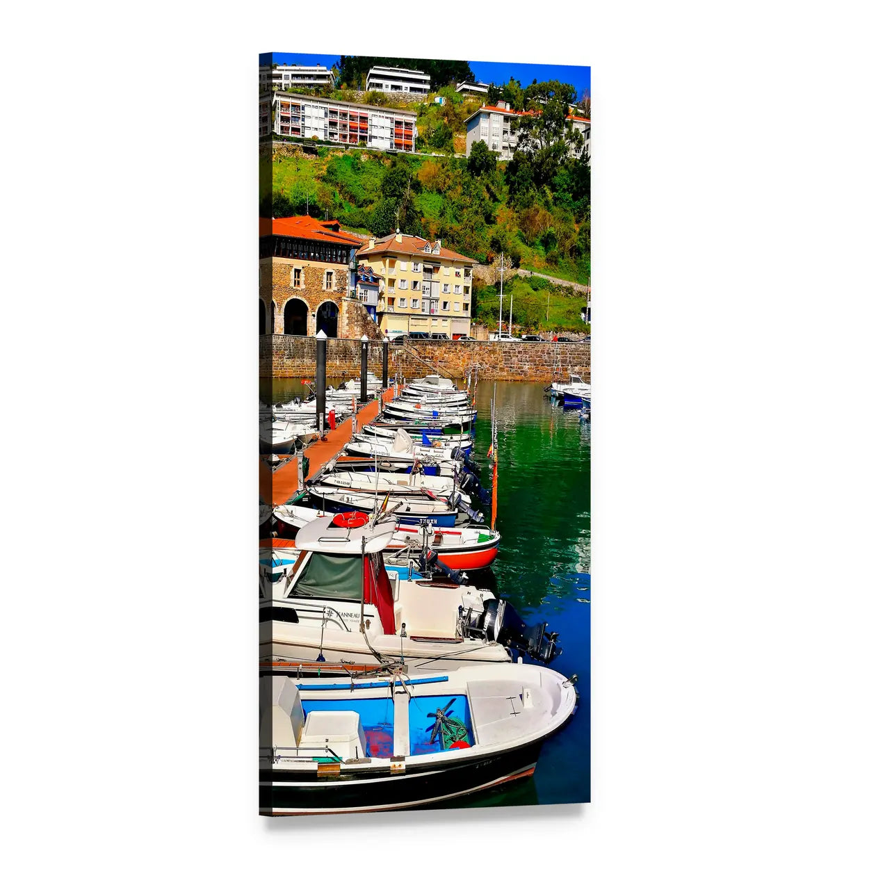 Colorful Boats Docked in Sunny Harbor Vertical Canvas Wall Art, 1 panel 1 Vertical layout gallery wrapped canvas set, angled product view