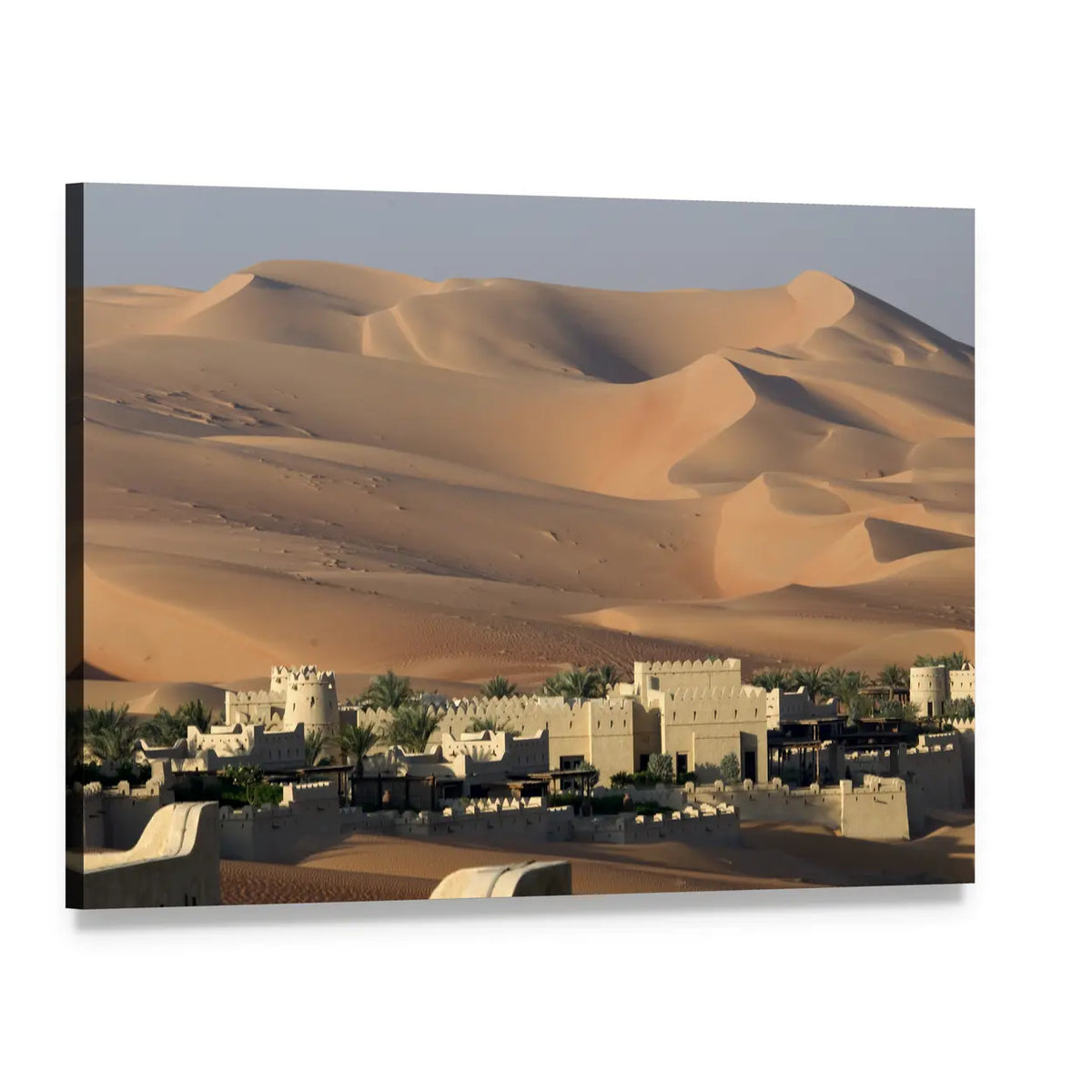 Abu Dhabi Desert Oasis with Fortified Buildings Canvas Wall Art, single panel gallery wrapped canvas, angled product view