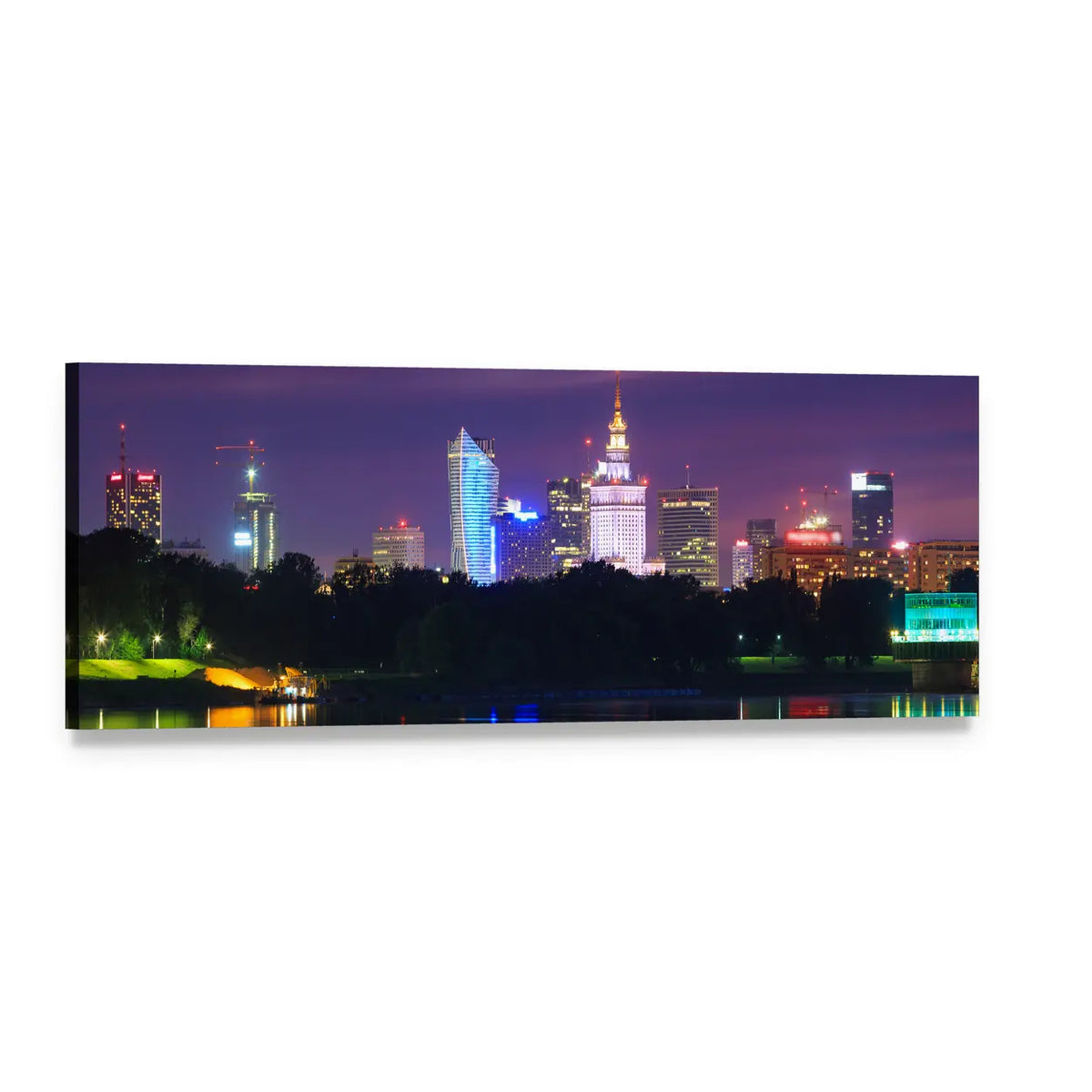 Warsaw Night Skyline with Palace of Culture and Science Panoramic Canvas Wall Art, single panel gallery wrapped canvas, angled product view