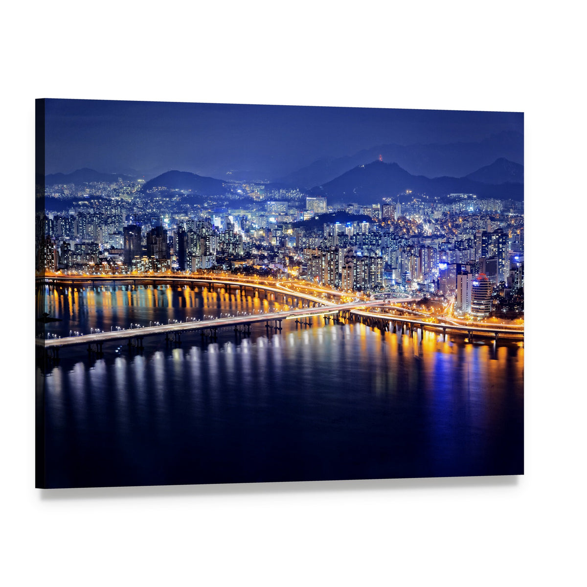 Seoul Tower and Downtown Skyline at Night Canvas Wall Art, single panel gallery wrapped canvas, angled product view