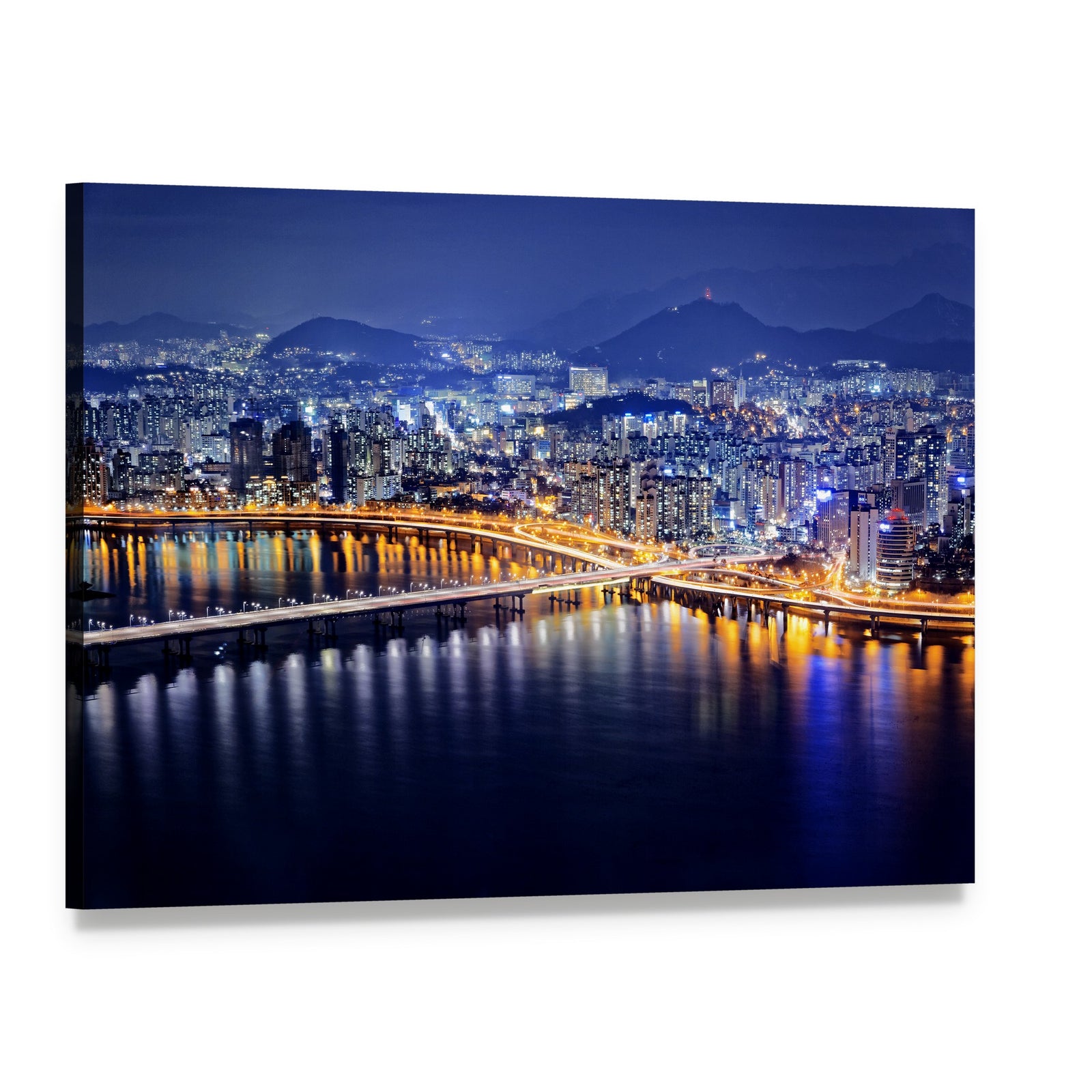 Seoul Tower and Downtown Skyline at Night Canvas Wall Art, single panel gallery wrapped canvas, angled product view