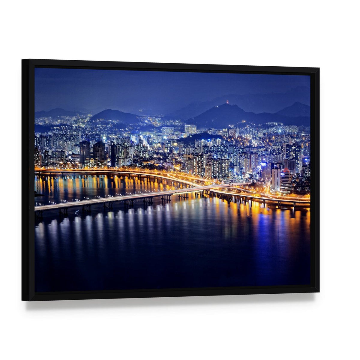 Seoul Tower and Downtown Skyline at Night Canvas Wall Art, framed canvas in a black floater frame, angled product view