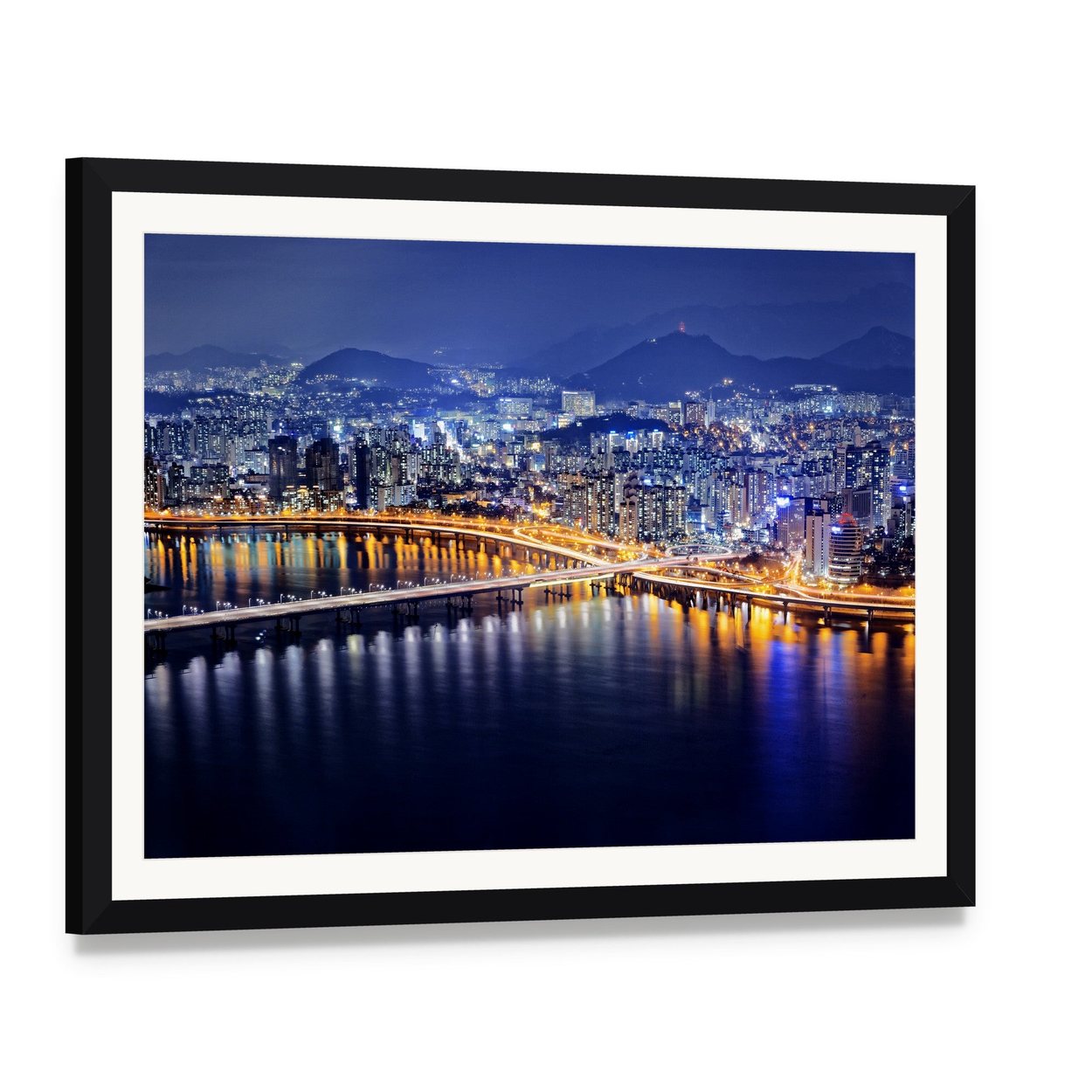 Seoul Tower and Downtown Skyline at Night Canvas Wall Art, framed print with white mat and black frame, angled product view