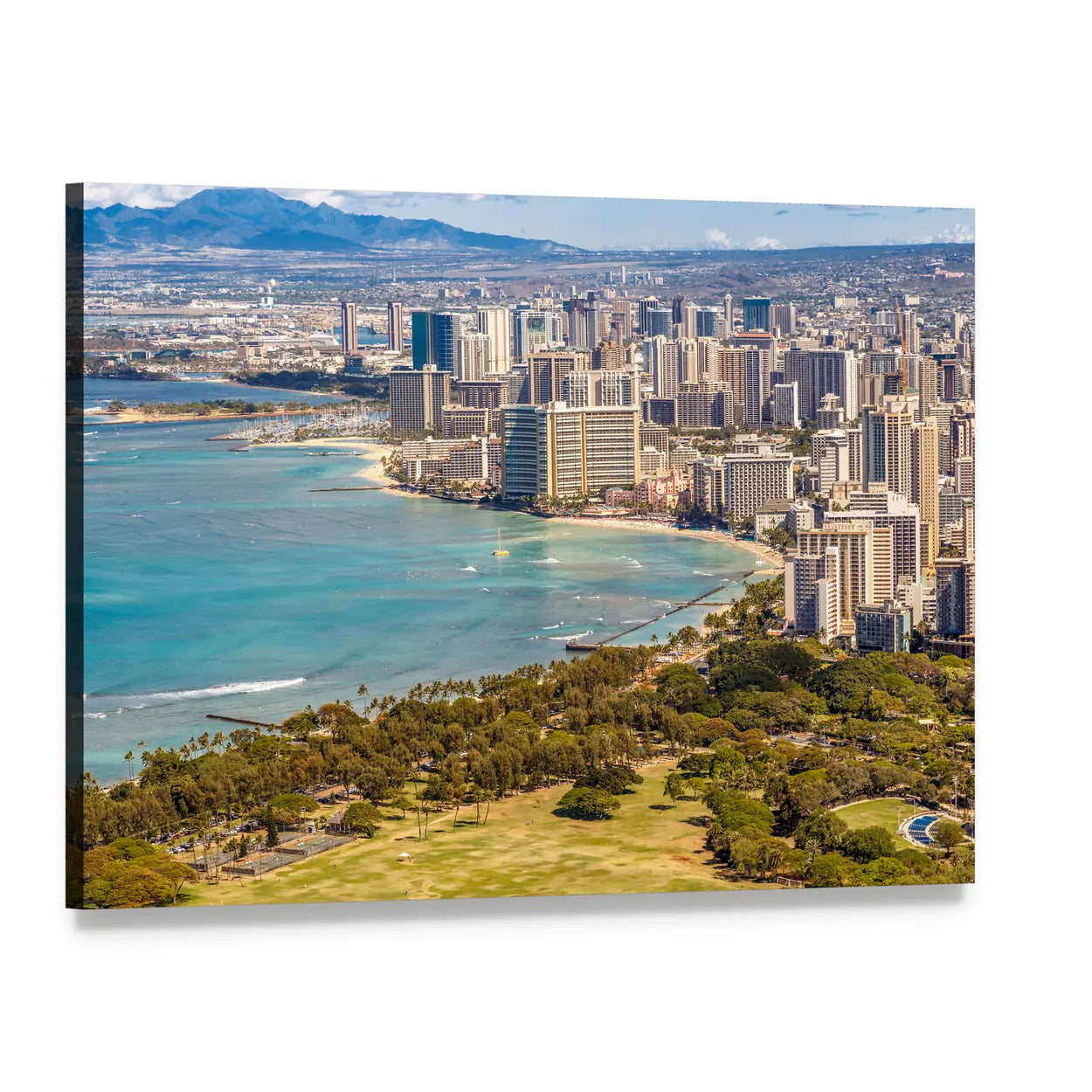 Waikiki Beach and Honolulu Skyline Canvas Wall Art, single panel gallery wrapped canvas, angled product view