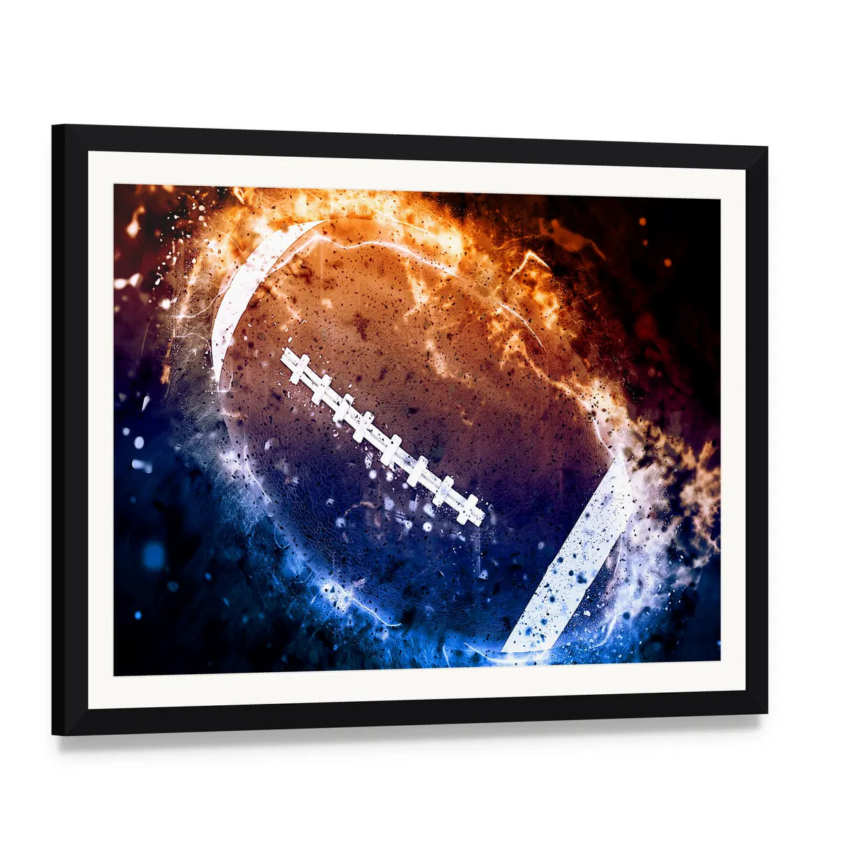 American Football Canvas Wall Art, framed print with white mat and black frame, angled product view