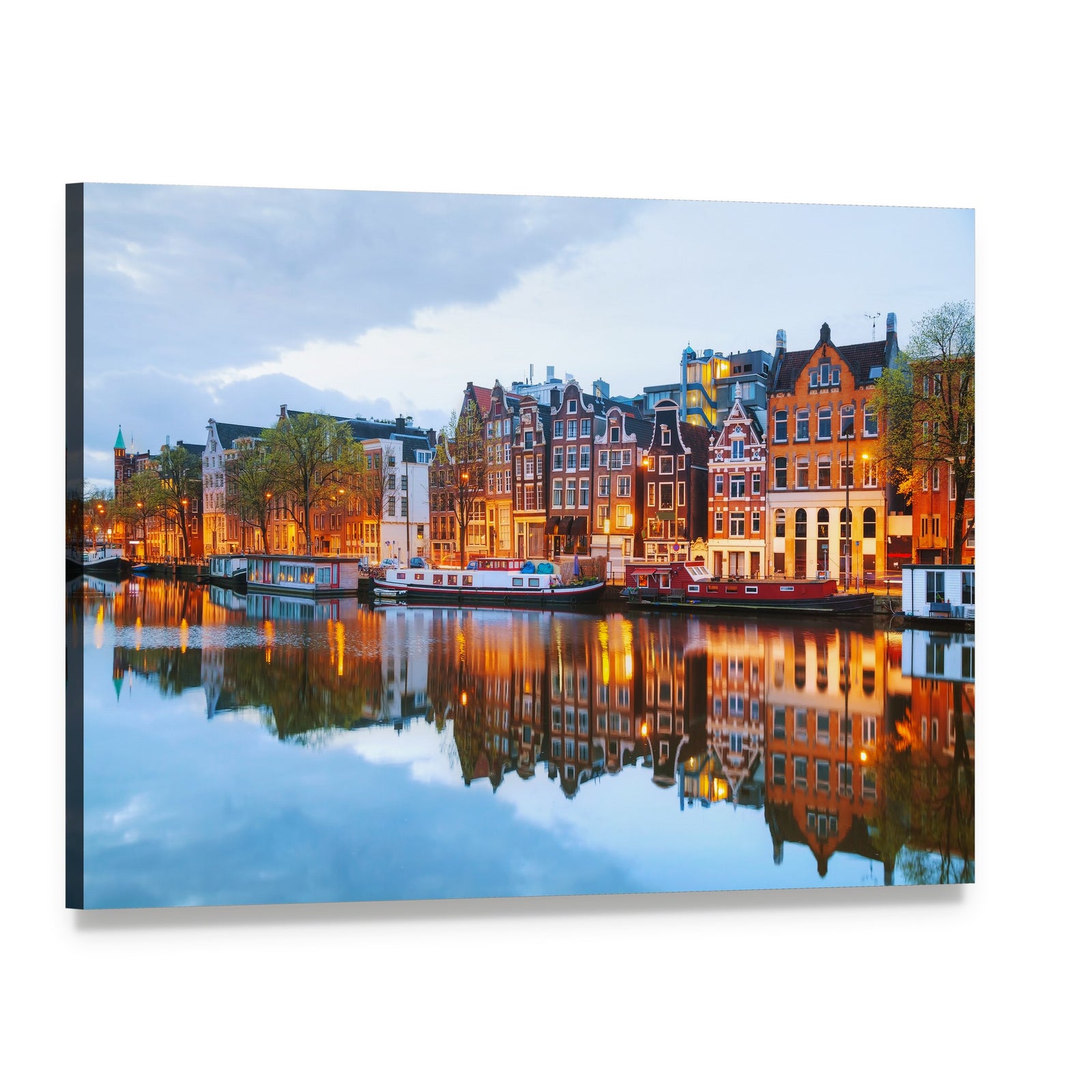 Amstel River and Canal Houses at Night Canvas Wall Art, single panel gallery wrapped canvas, angled product view