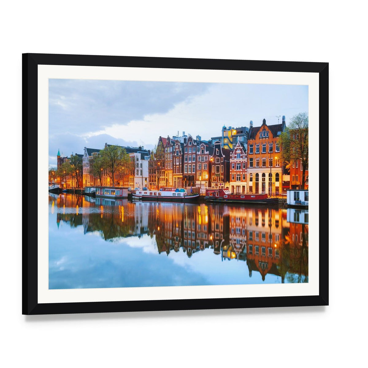 Amstel River and Canal Houses at Night Canvas Wall Art, framed print with white mat and black frame, angled product view
