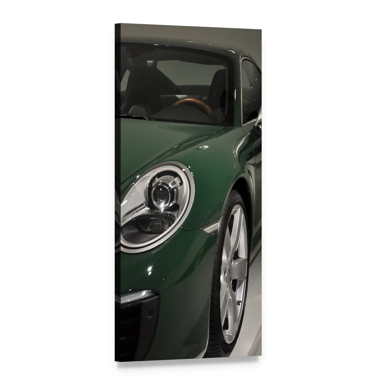 Dark Green Porsche 911 Close-up Vertical Canvas Wall Art, 1 panel 1 Vertical layout gallery wrapped canvas set, angled product view