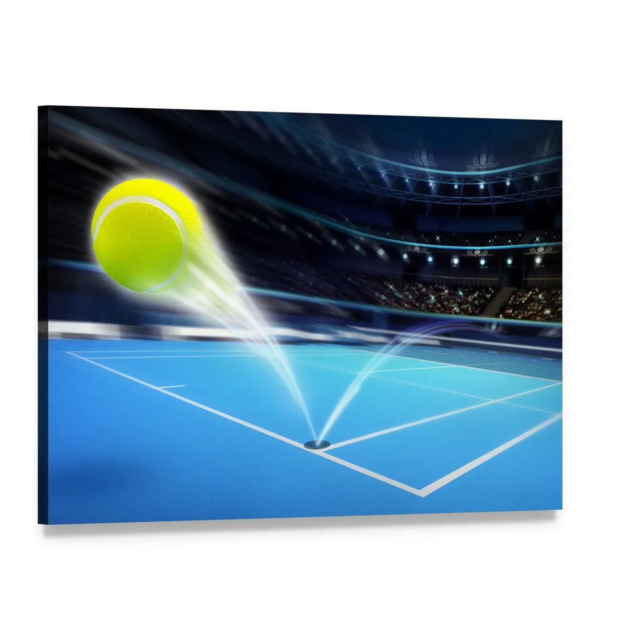 Tennis Ball in Motion Canvas Wall Art, single panel gallery wrapped canvas, angled product view