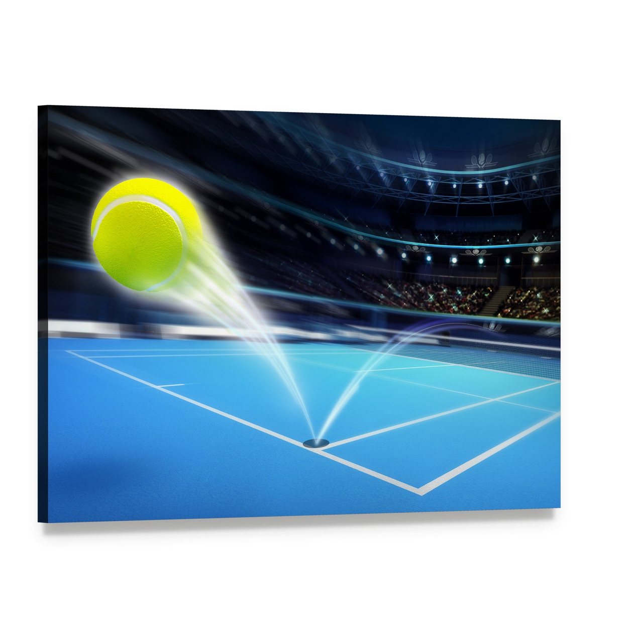 Flying Tennis Ball Canvas Wall Art, single panel gallery wrapped canvas, angled product view