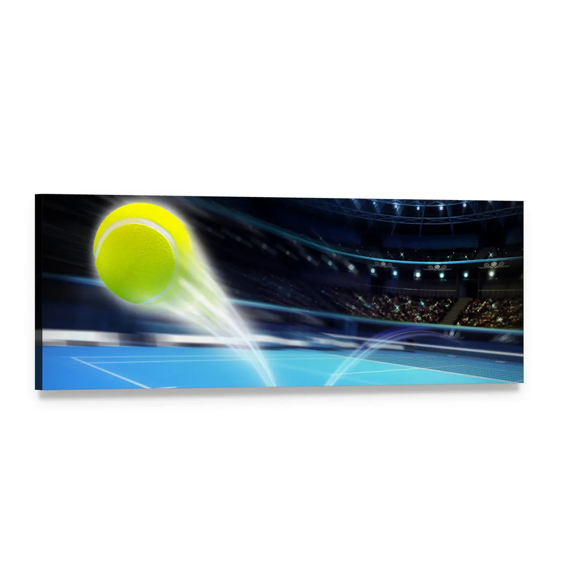 Glowing Tennis Ball Over Blue Court Panoramic Canvas Wall Art, single panel gallery wrapped canvas, angled product view