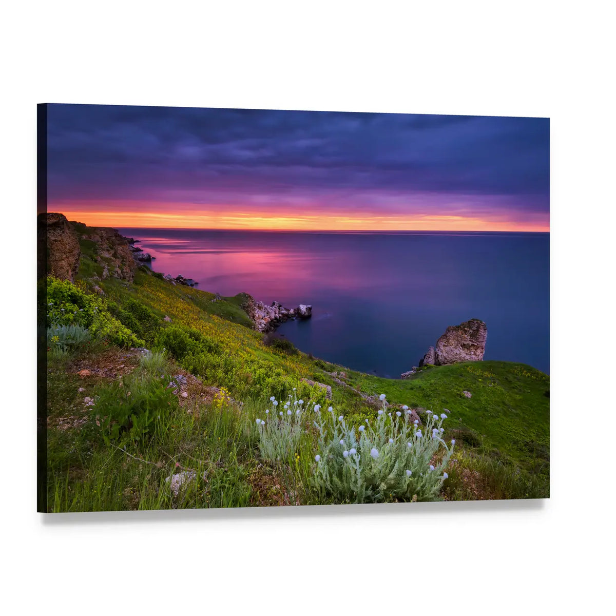 Pink and Purple Sunset Over Coastal Cliffs Canvas Wall Art, single panel gallery wrapped canvas, angled product view
