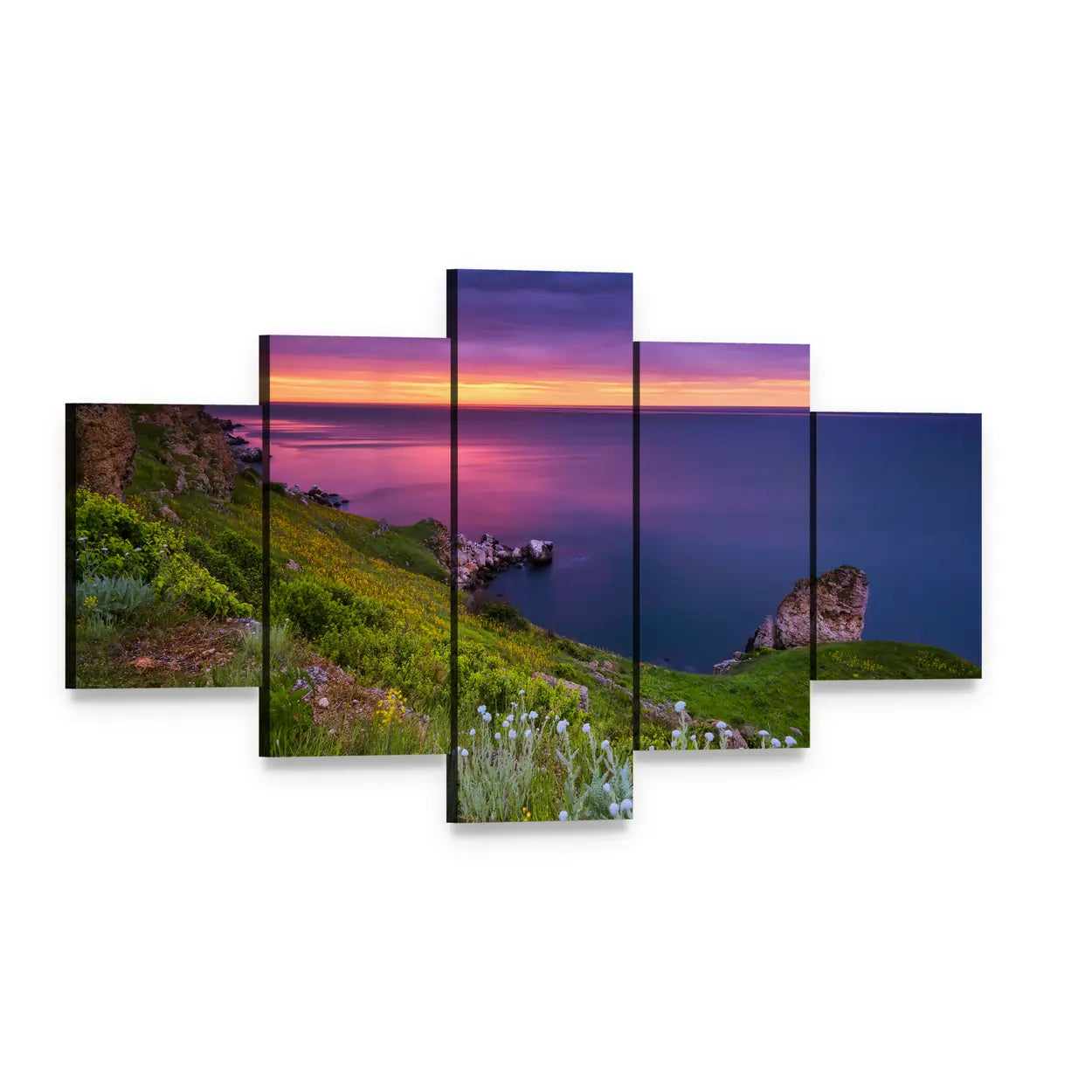 Pink and Purple Sunset Over Coastal Cliffs Canvas Wall Art, 5 panel 5 Star layout gallery wrapped canvas set, angled product view