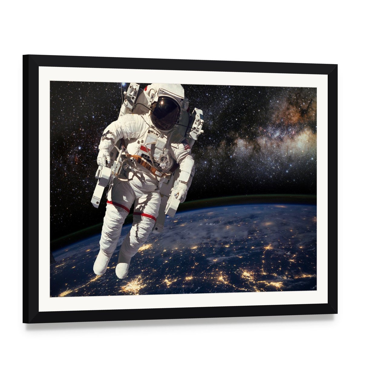 Astronaut and Milky Way Canvas Wall Art, framed print with white mat and black frame, angled product view