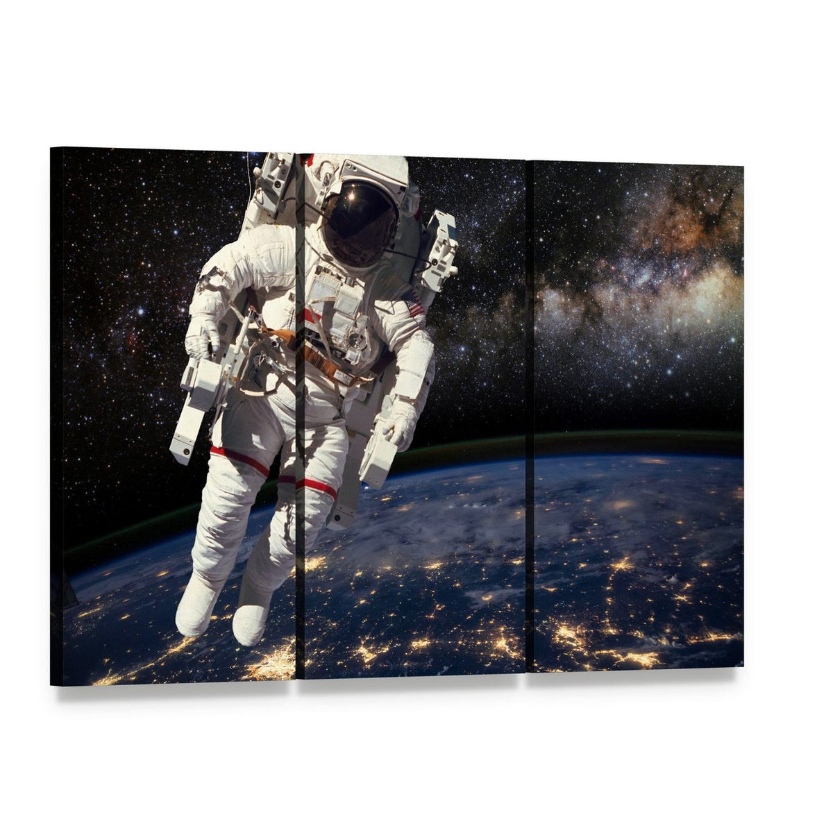Astronaut and Milky Way Canvas Wall Art, 3 panel 3 Horizontal layout gallery wrapped canvas set, angled product view