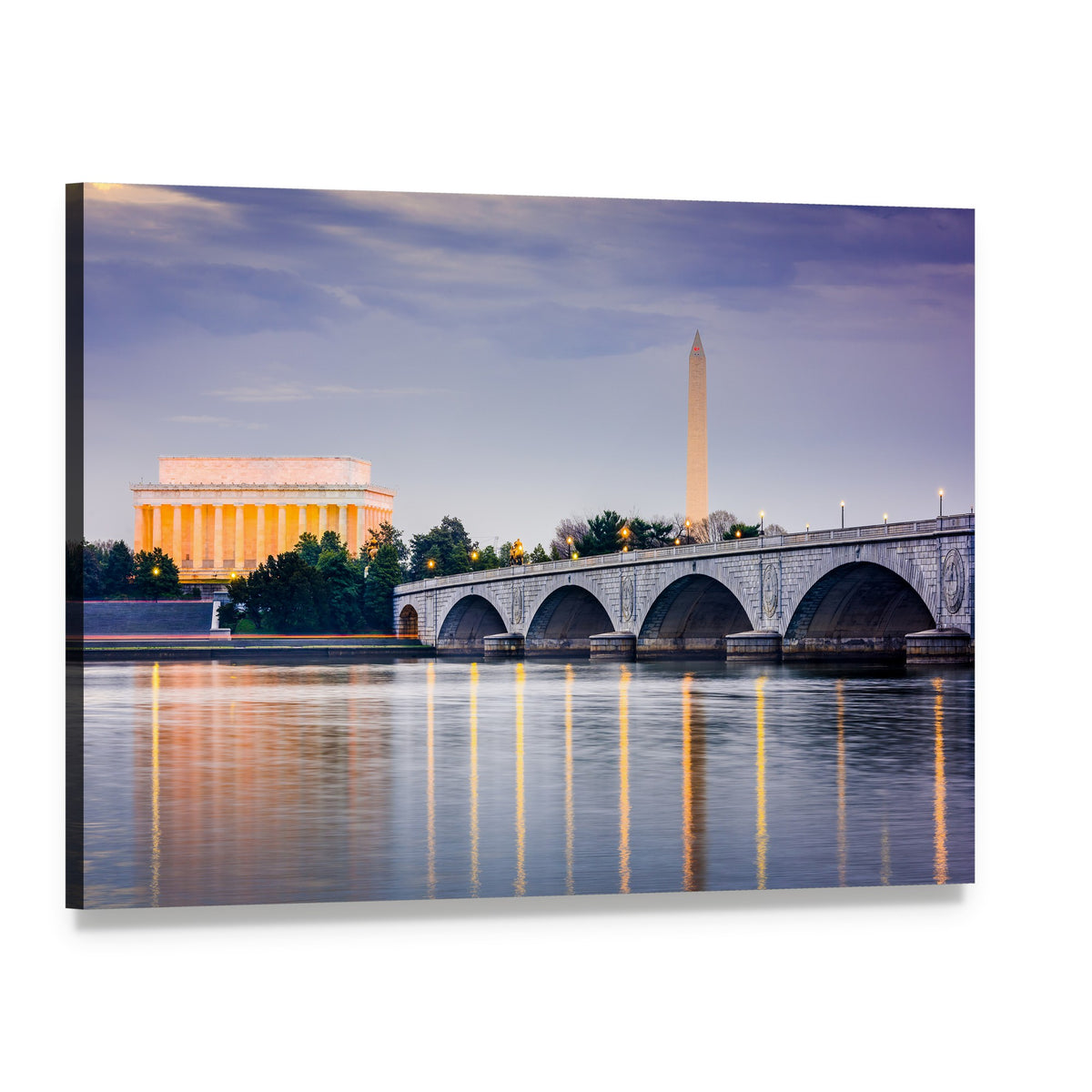 Lincoln Memorial on the Potomac at Dusk Canvas Wall Art, single panel gallery wrapped canvas, angled product view