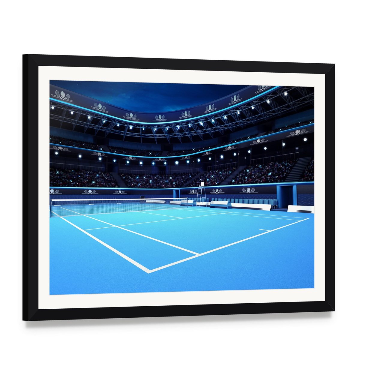 Tennis Court Canvas Wall Art, framed print with white mat and black frame, angled product view