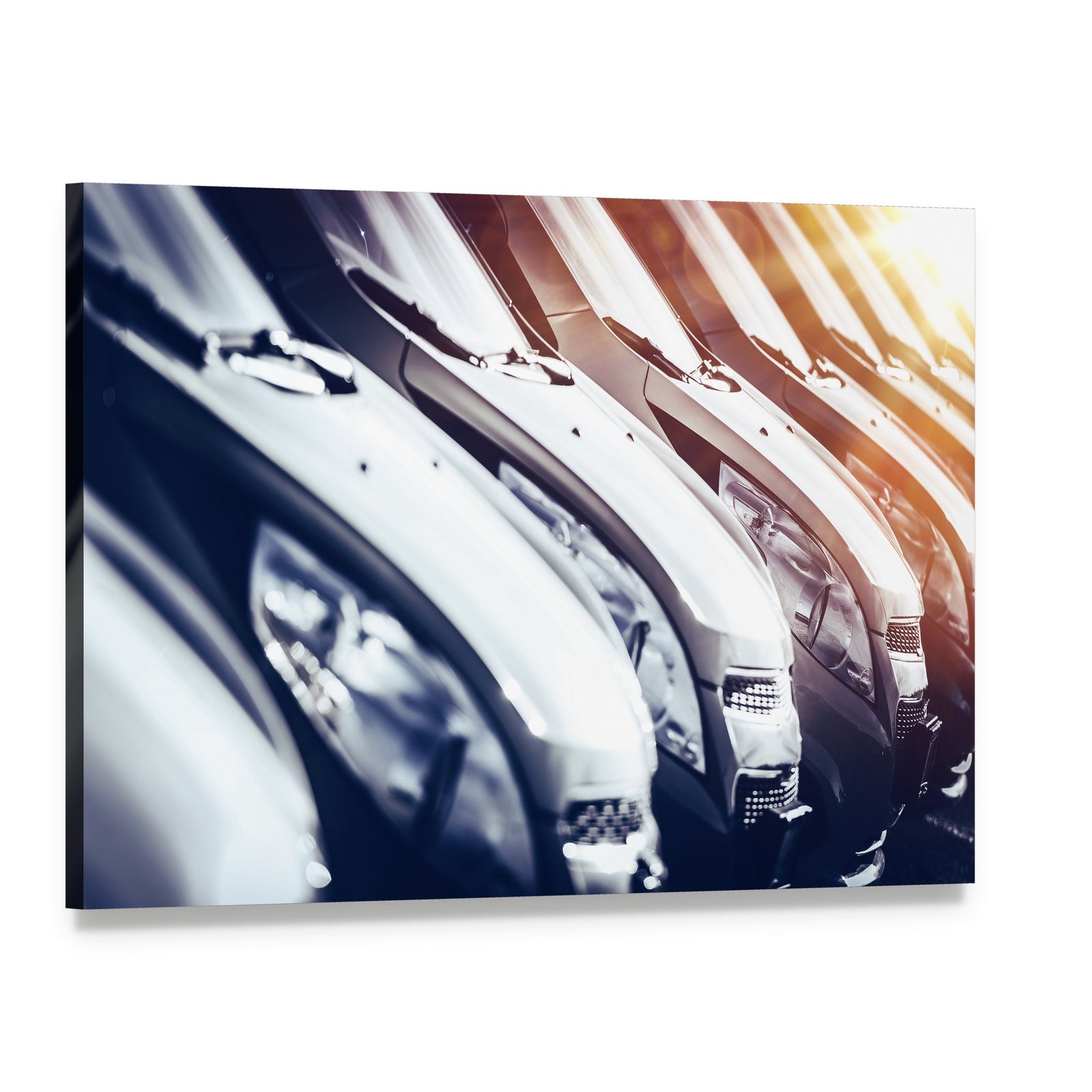 Row of Brand New Cars for Sale Canvas Wall Art, single panel gallery wrapped canvas, angled product view