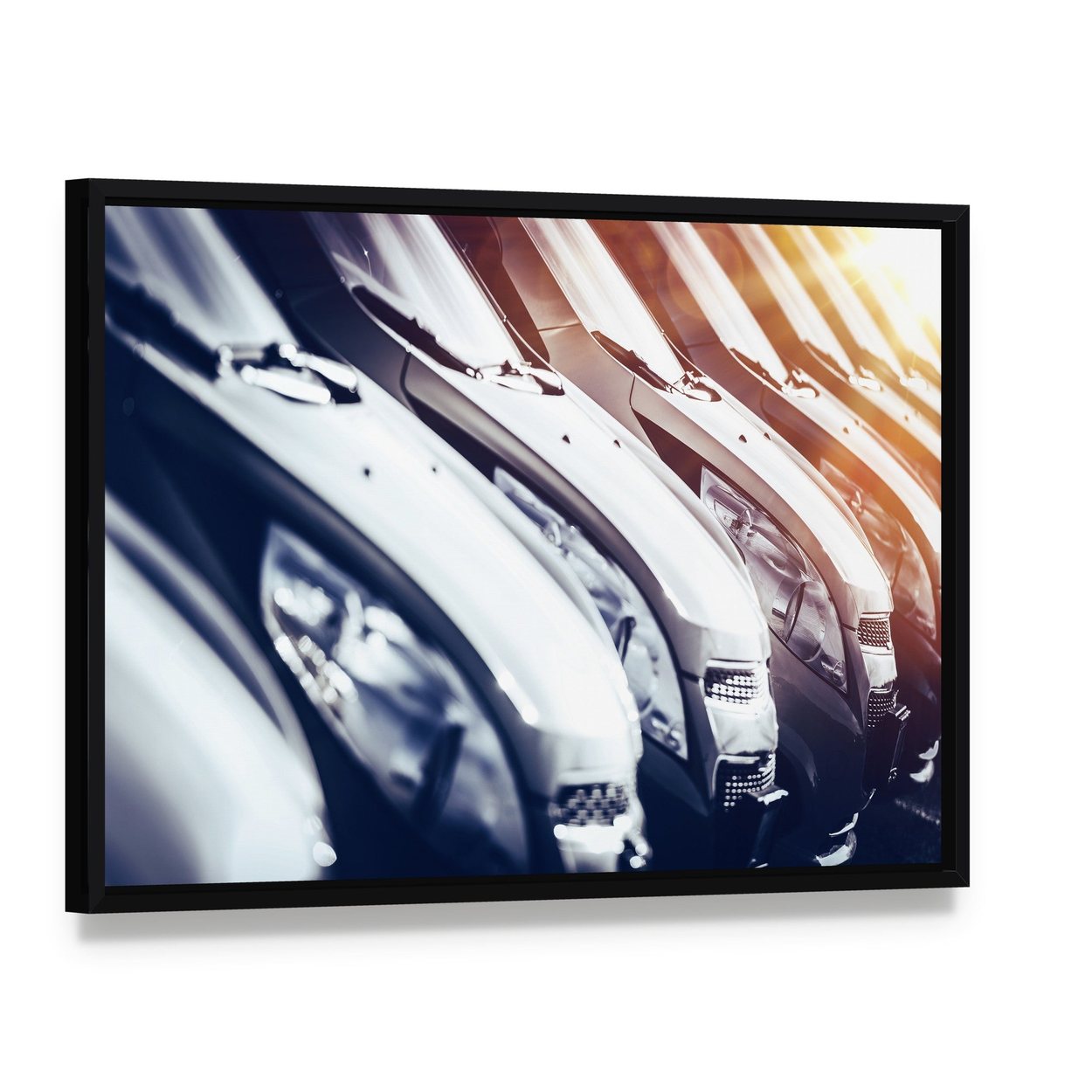 Row of Brand New Cars for Sale Canvas Wall Art, framed canvas in a black floater frame, angled product view