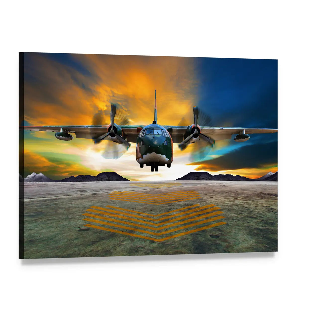 Twin-engine Military Transport at Golden Hour Canvas Wall Art, single panel gallery wrapped canvas, angled product view