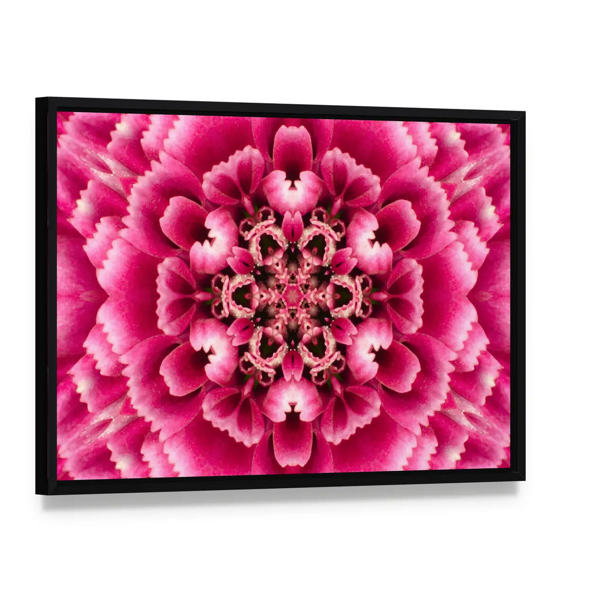 Concentric Mandala Flower Canvas Wall Art, framed canvas in a black floater frame, angled product view