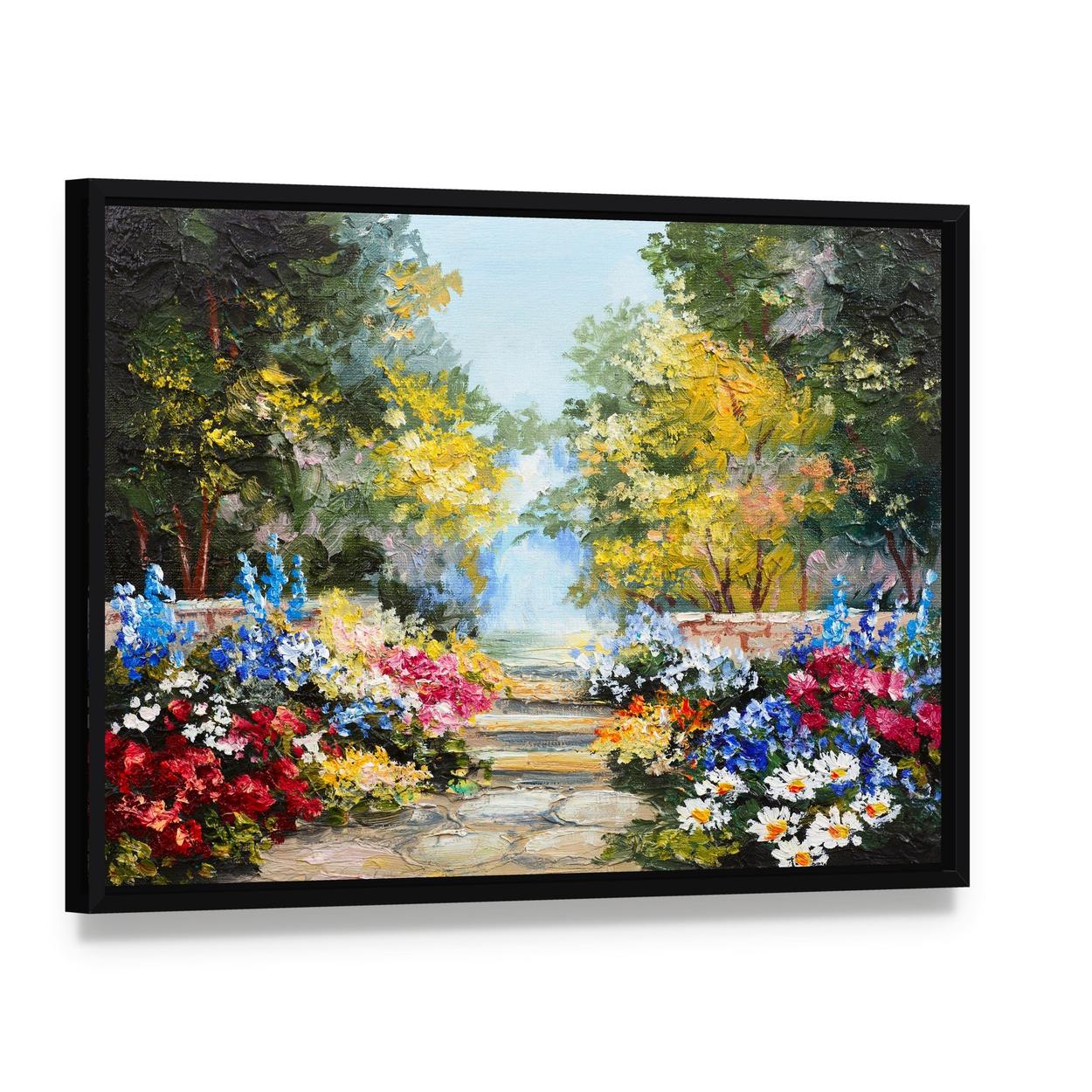 Summer Forest with Flowers Canvas Wall Art, framed canvas in a black floater frame, angled product view