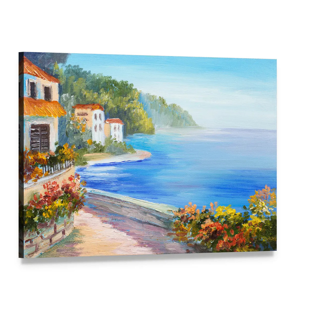 Mediterranean House by the Sea Canvas Wall Art, single panel gallery wrapped canvas, angled product view