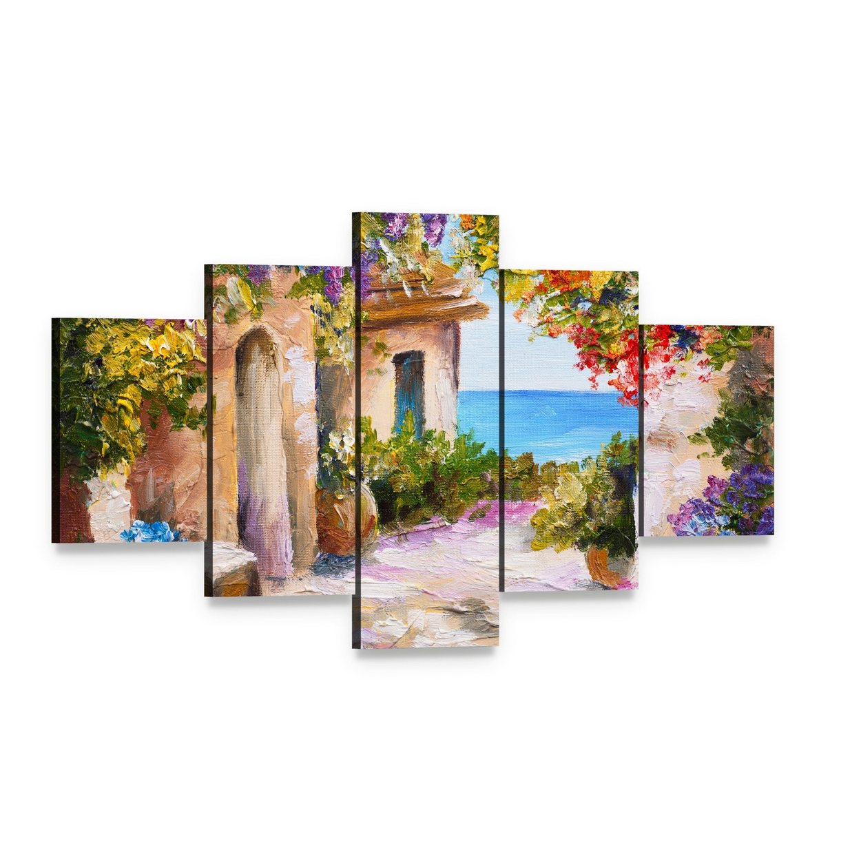 House Near Sea Canvas Wall Art, 5 panel 5 Star layout gallery wrapped canvas set, angled product view
