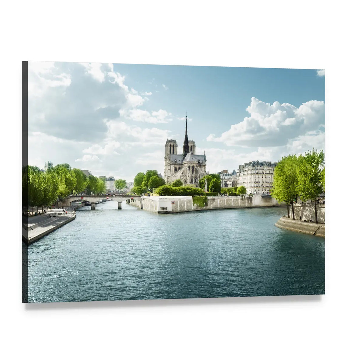 Notre Dame Cathedral and the Seine Canvas Wall Art, single panel gallery wrapped canvas, angled product view