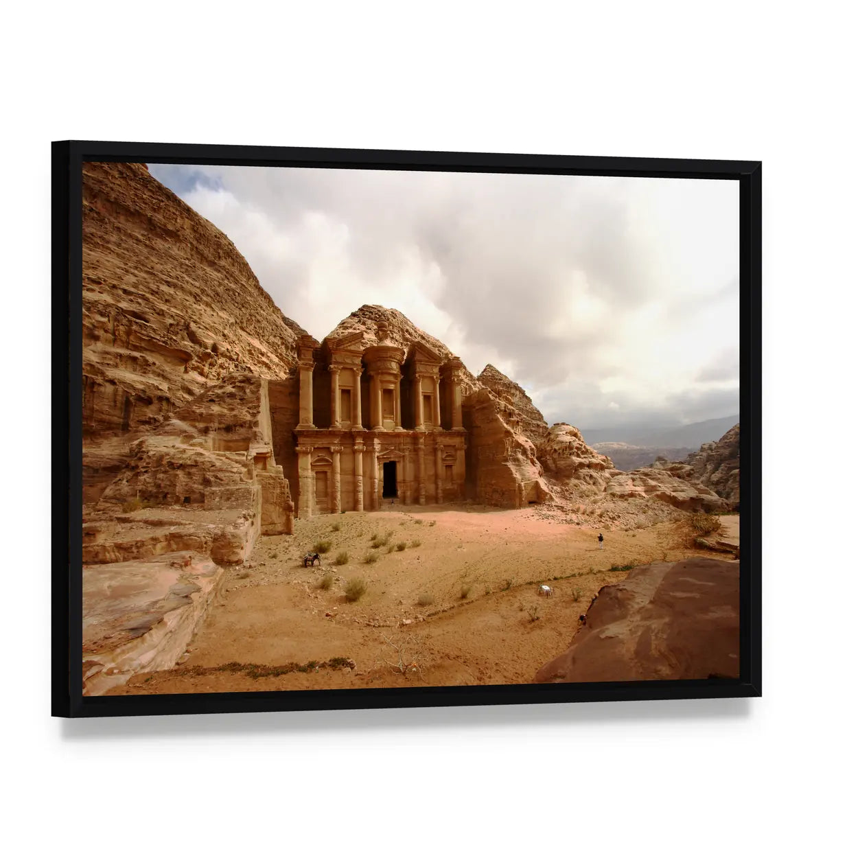 Monastery at Petra, Jordan Canvas Wall Art, framed canvas in a black floater frame, angled product view