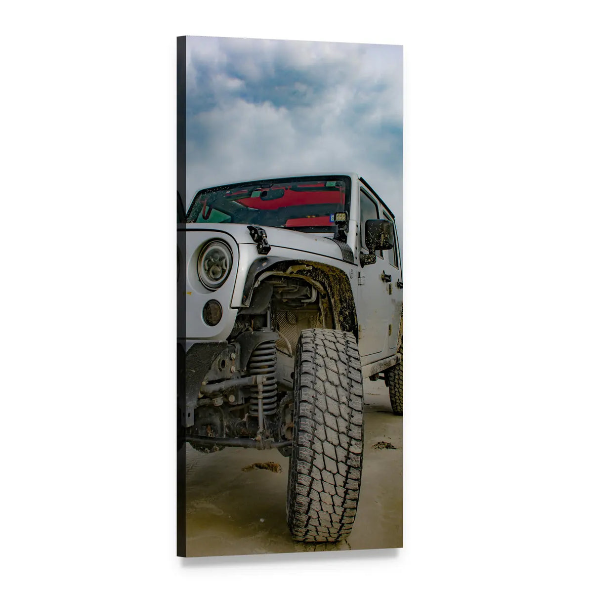White 4x4 Jeep Front Tire Vertical Canvas Wall Art, 1 panel 1 Vertical layout gallery wrapped canvas set, angled product view