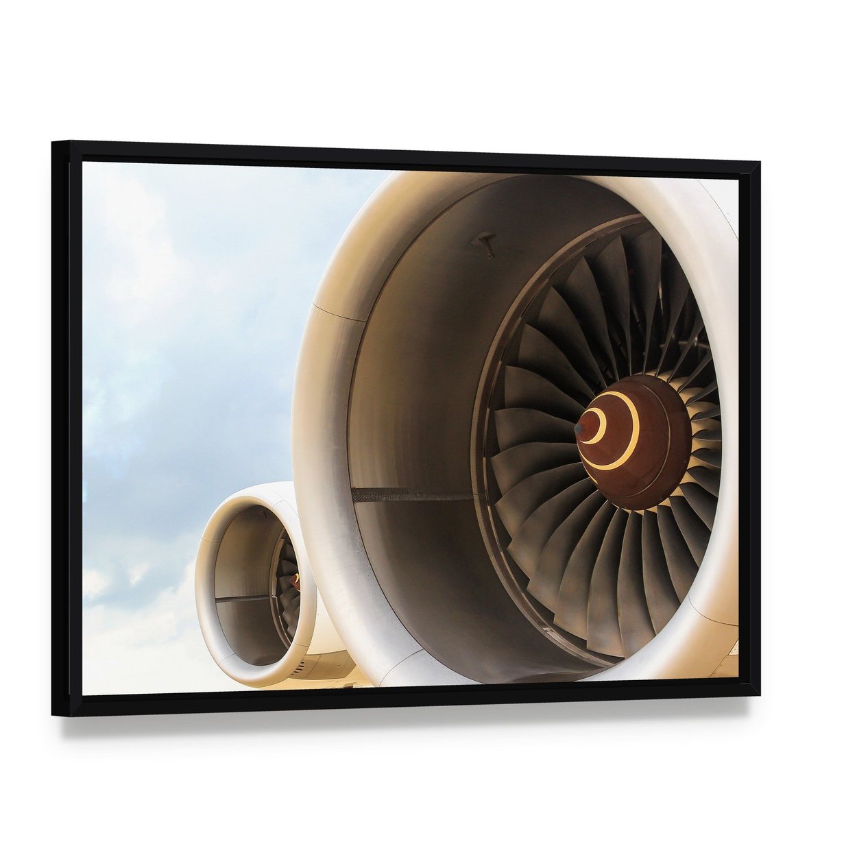 Airplane Engine Jet Canvas Wall Art, framed canvas in a black floater frame, angled product view