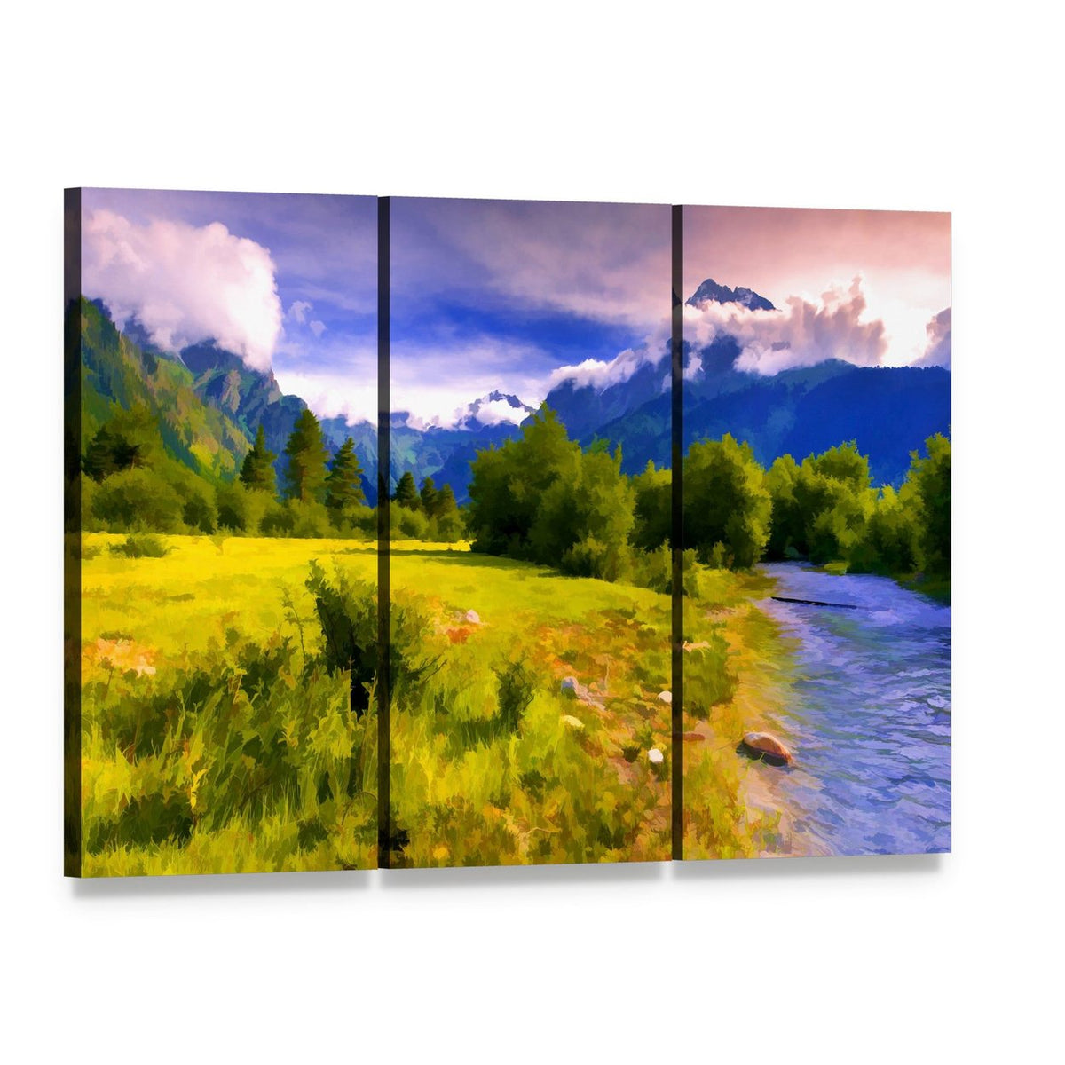 Blue River Watercolor Landscape Canvas Wall Art, 3 panel 3 Horizontal layout gallery wrapped canvas set, angled product view