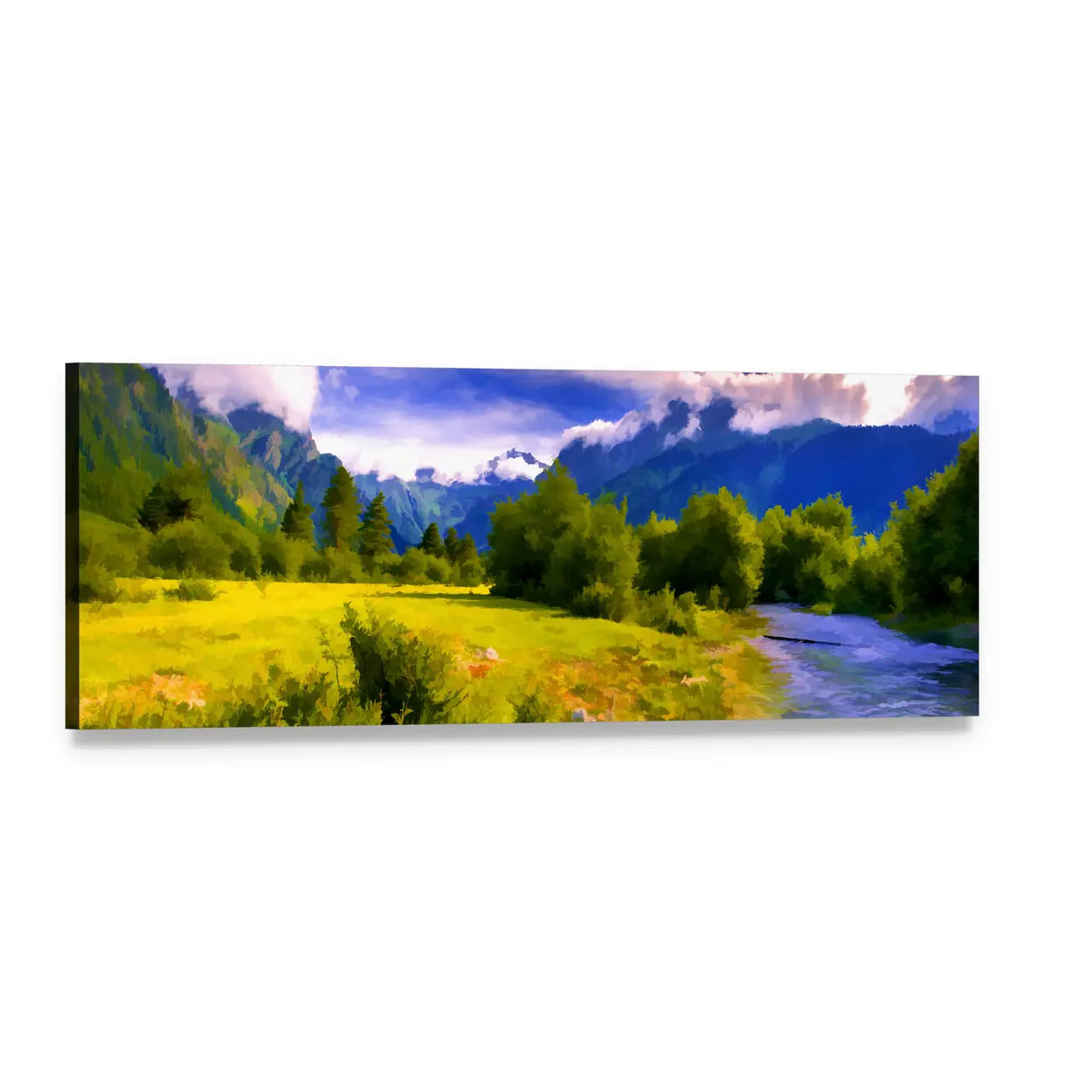 Blue River Watercolor Landscape Panoramic Canvas Wall Art, single panel gallery wrapped canvas, angled product view