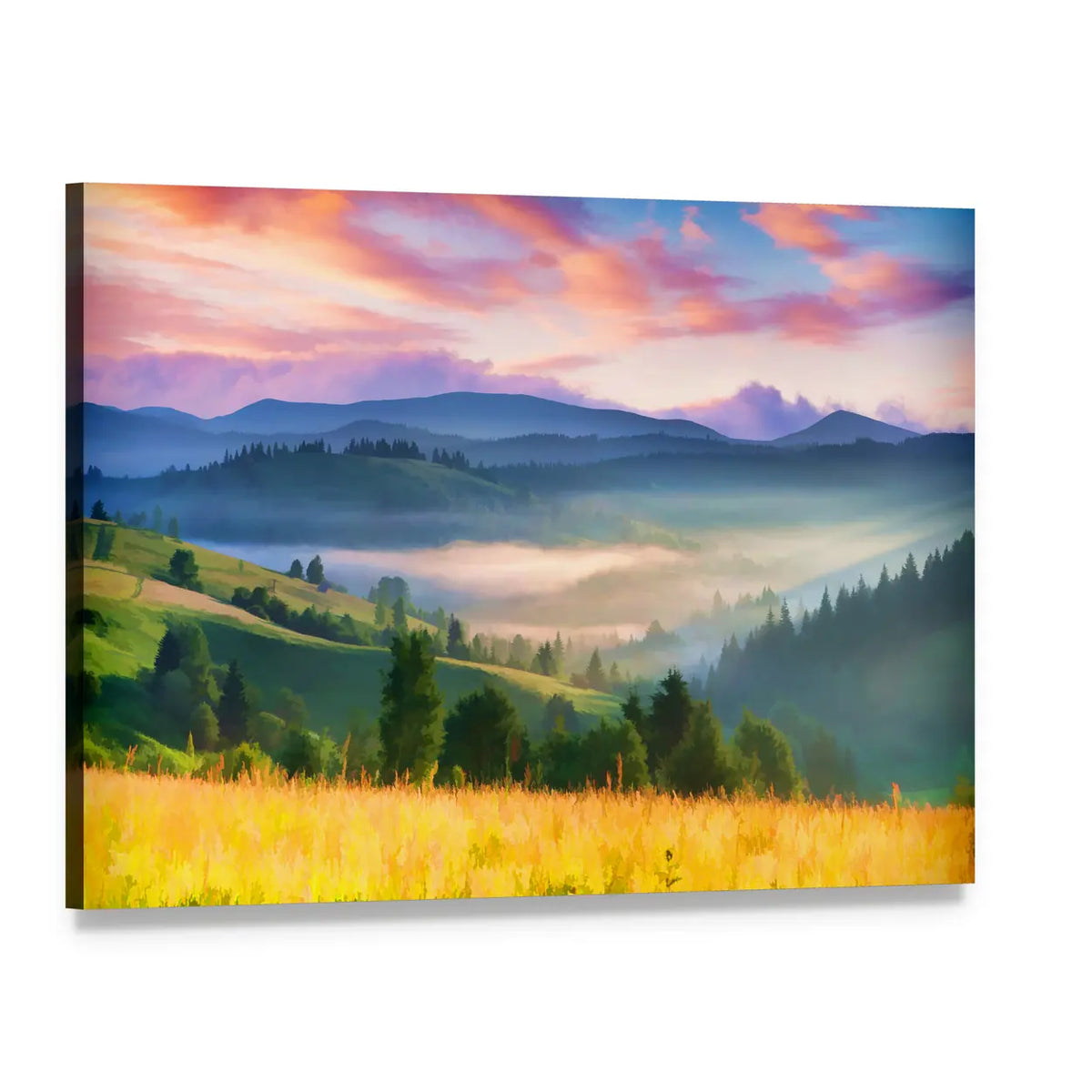Summer Sunrise in the Mountains Canvas Wall Art, single panel gallery wrapped canvas, angled product view
